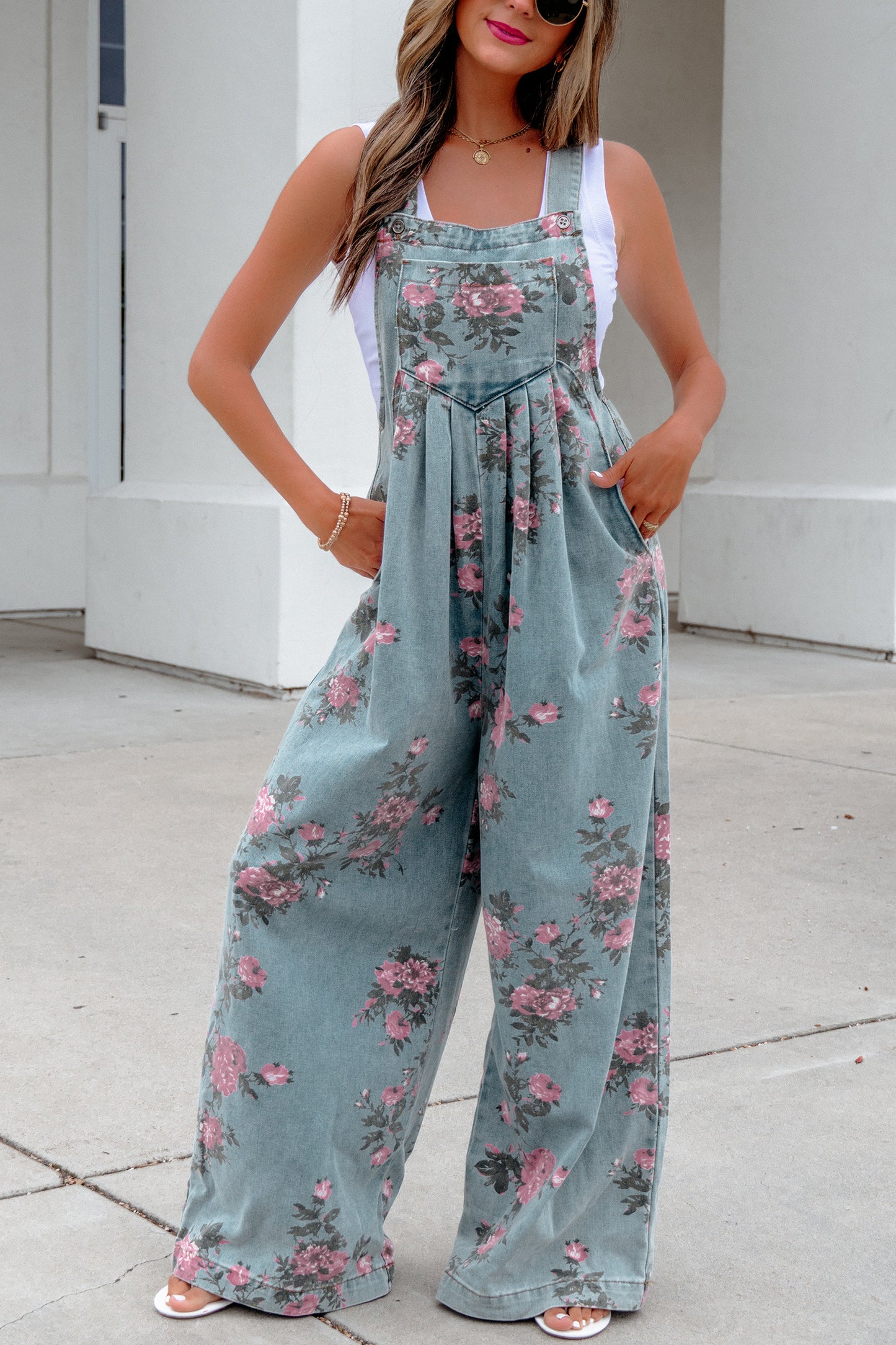 Blue Beau Floral Print Pleated High Waist Wide Leg Denim Jumpsuit-Bottoms/Jumpsuits & Rompers-[Adult]-[Female]-2022 Online Blue Zone Planet
