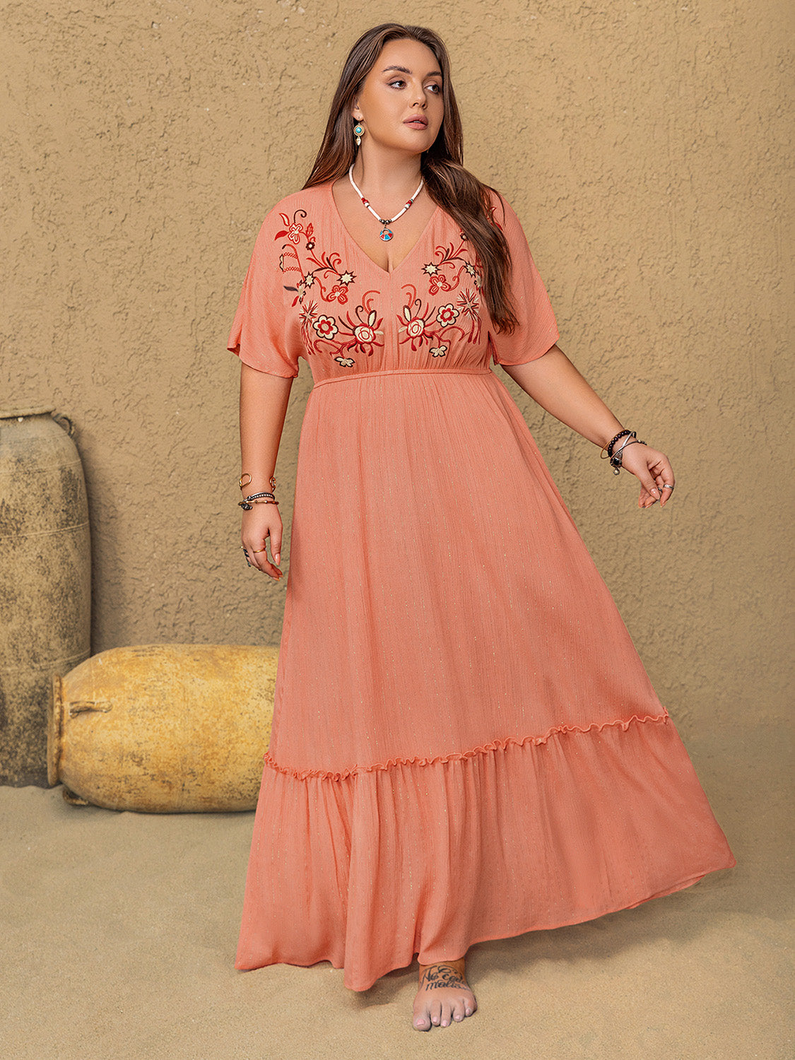 Plus Size Frill Embroidered V-Neck Half Sleeve Maxi Dress-TOPS / DRESSES-[Adult]-[Female]-2022 Online Blue Zone Planet