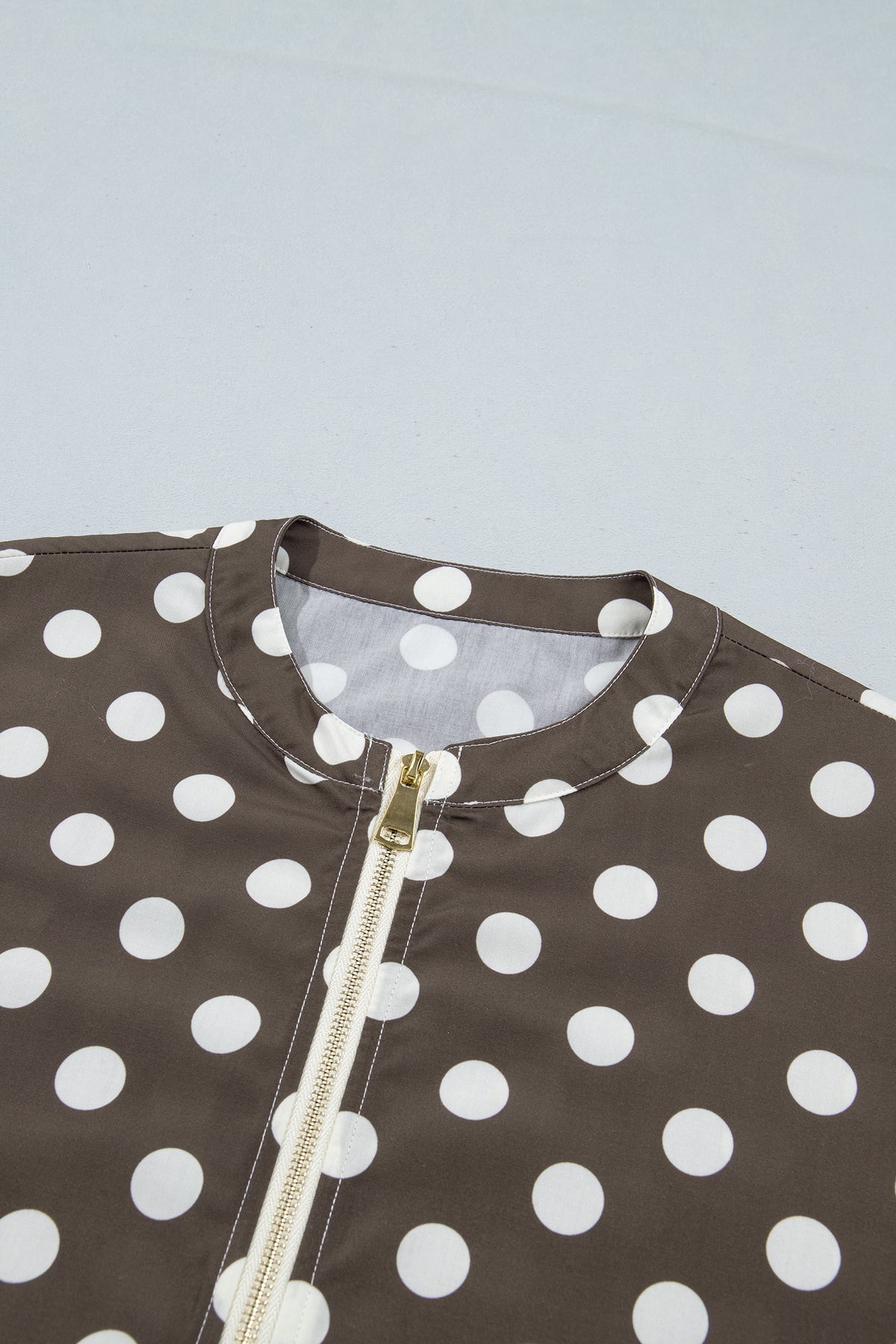Brown Polka Dot Contrast Detail Zip-Up Long Sleeve Shacket-Outerwear/Jackets-[Adult]-[Female]-2022 Online Blue Zone Planet