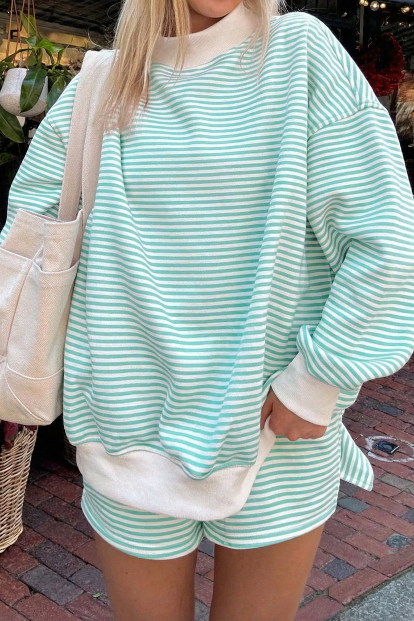 Sky Blue Stripe Oversize Mock Neck Sweatshirt and Shorts Set-Two Piece Sets/Short Sets-[Adult]-[Female]-2022 Online Blue Zone Planet