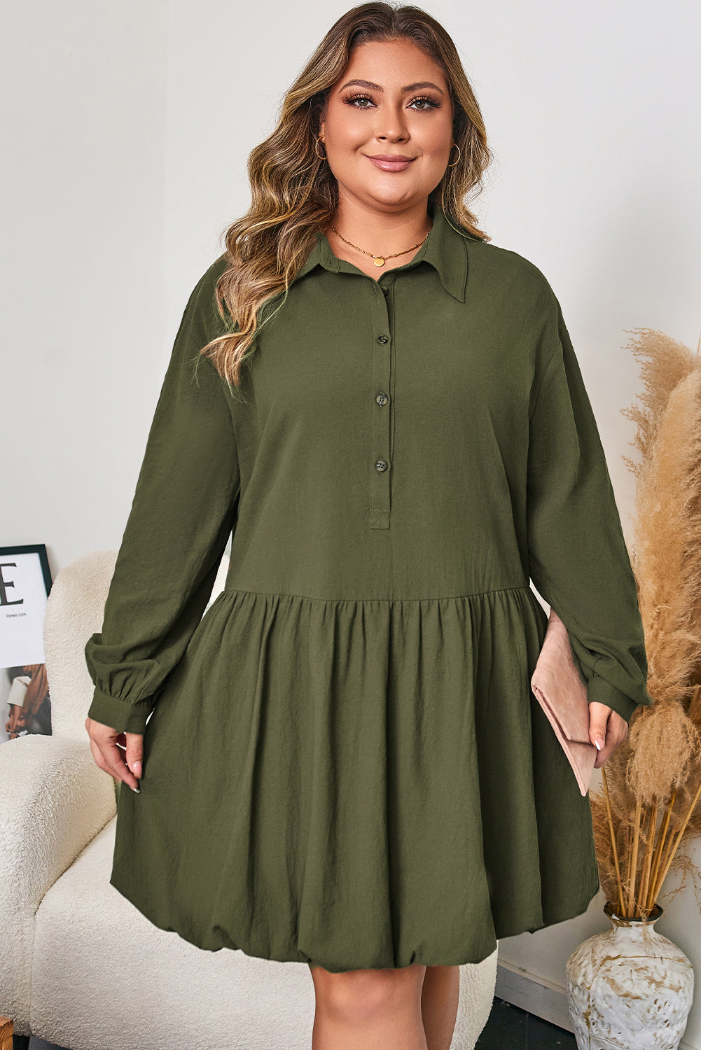 Four Leaf Clover Plus Size Collar Half Button Long Sleeve Ruffle Hem Mini Dress-TOPS / DRESSES-[Adult]-[Female]-2022 Online Blue Zone Planet