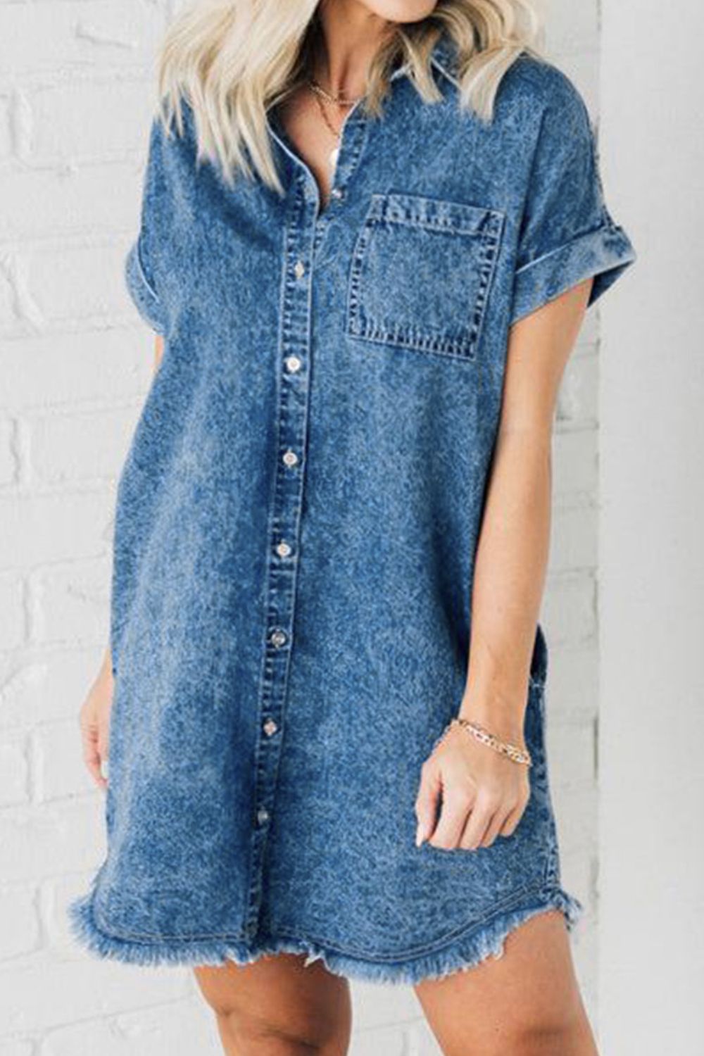 Raw Hem Pocketed Cap Sleeve Denim Dress-TOPS / DRESSES-[Adult]-[Female]-2022 Online Blue Zone Planet