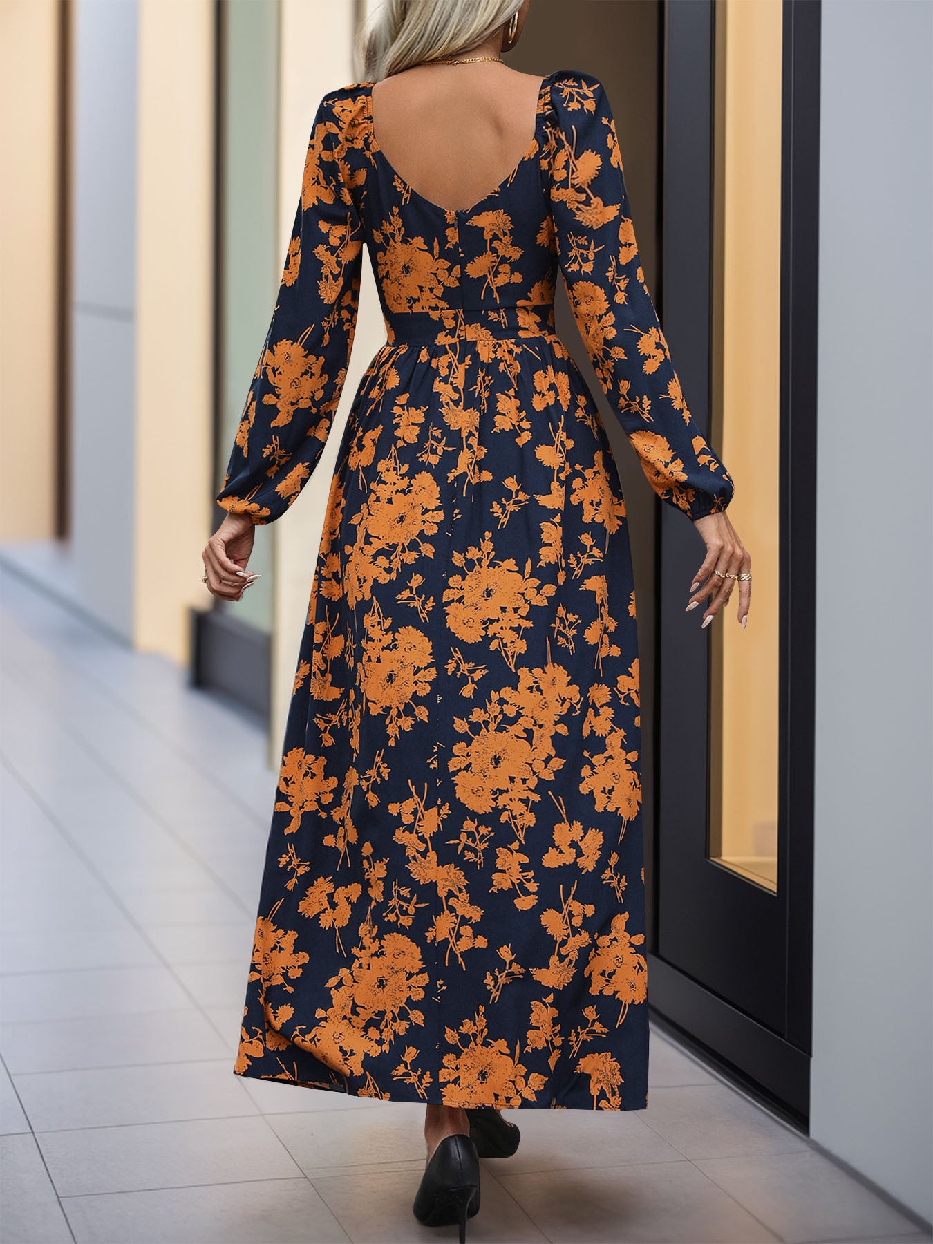 Split Printed Surplice Long Sleeve Midi Dress-TOPS / DRESSES-[Adult]-[Female]-2022 Online Blue Zone Planet