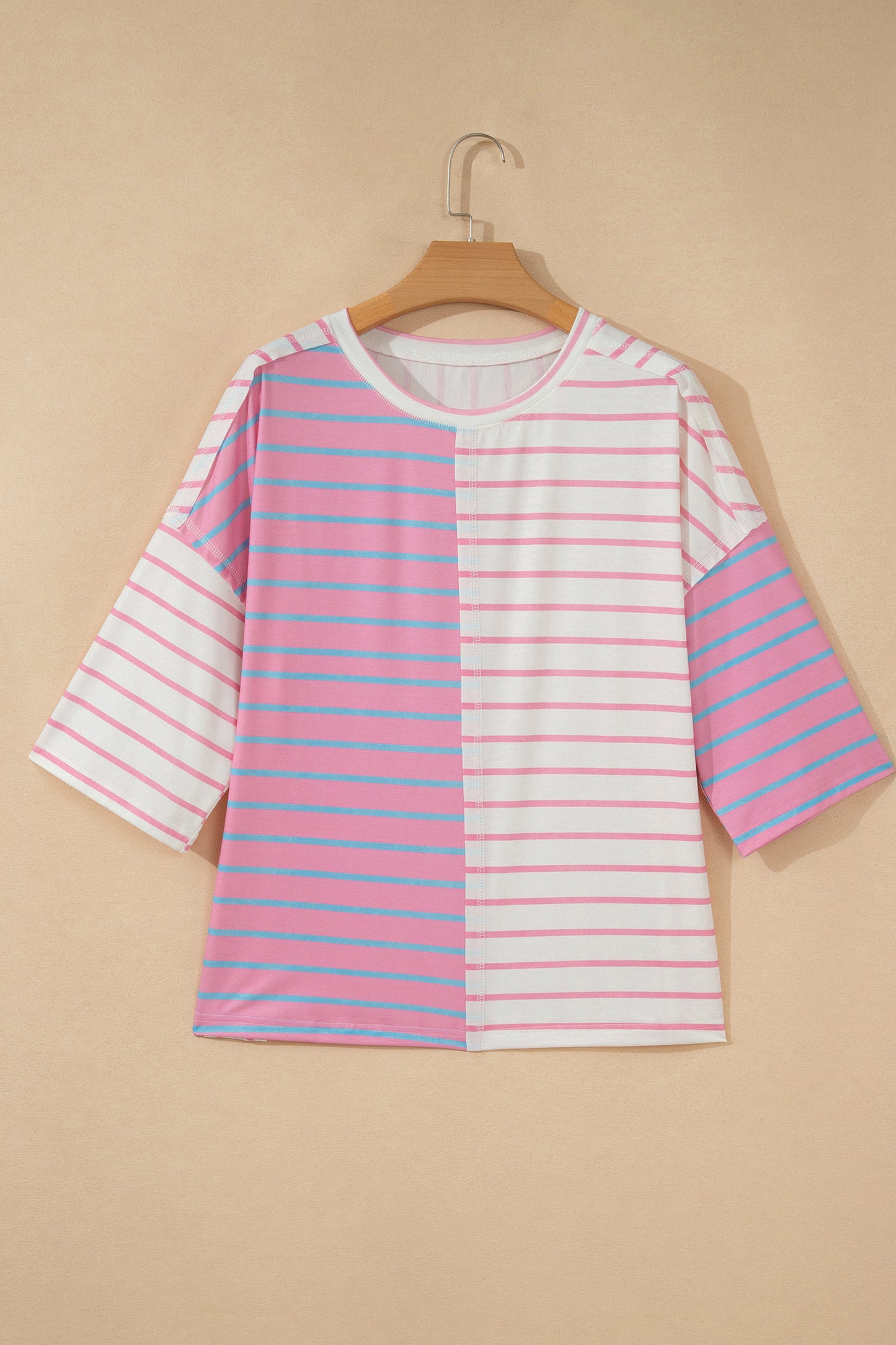 Green Stripe Colorblock 3/4 Sleeve Loose T Shirt-Tops/Tops & Tees-[Adult]-[Female]-2022 Online Blue Zone Planet