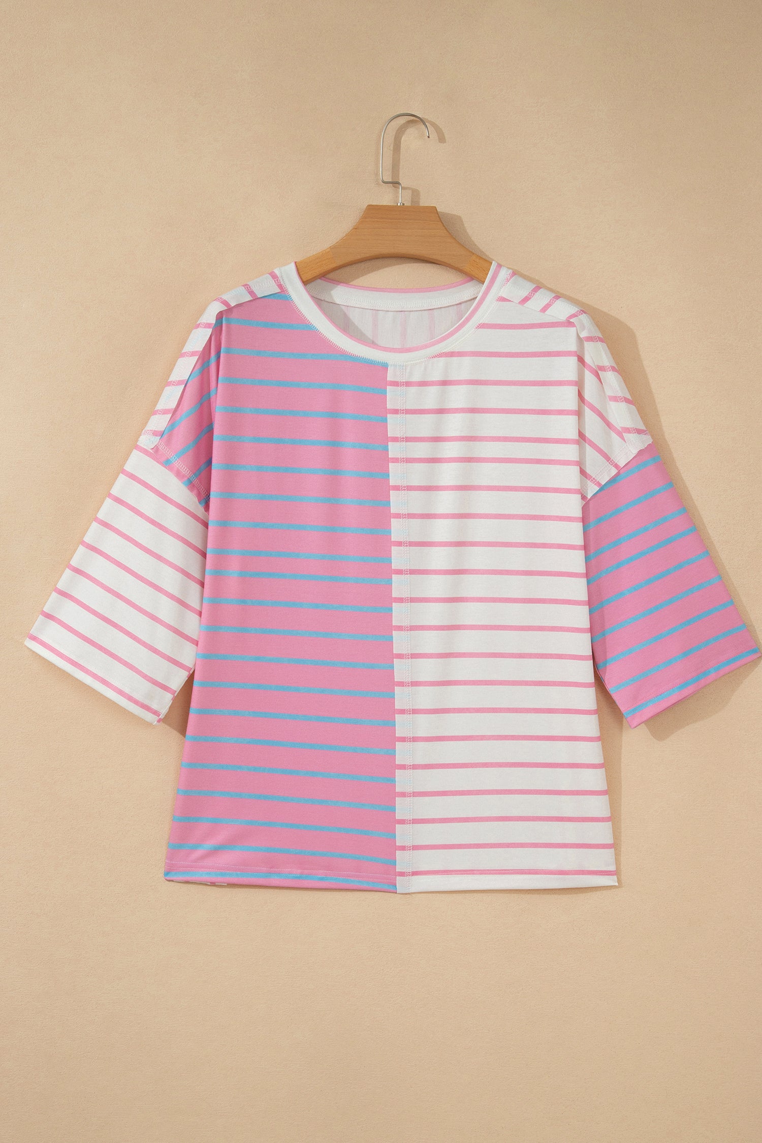 Green Stripe Colorblock 3/4 Sleeve Loose T Shirt-Tops/Tops & Tees-[Adult]-[Female]-2022 Online Blue Zone Planet