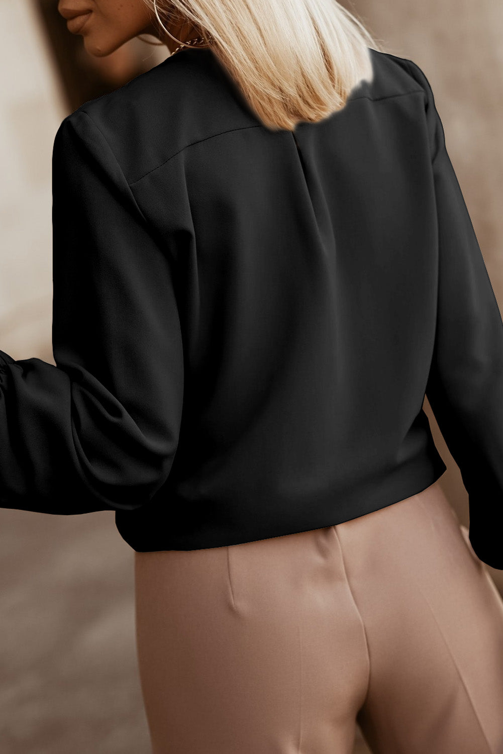 Khaki Crew Neck Gathered Stretch Cuff Shirt-Tops/Blouses & Shirts-[Adult]-[Female]-2022 Online Blue Zone Planet