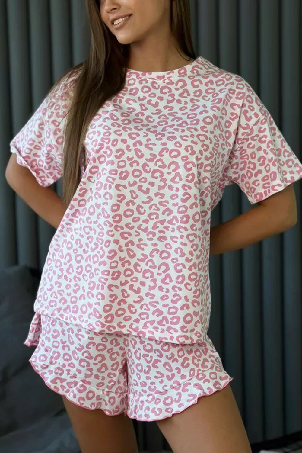 Pink Leopard Print Crew Neck Tee and Ruffled Shorts 2 Lounge Set-Loungewear & Sleepwear/Loungewear-[Adult]-[Female]-2022 Online Blue Zone Planet