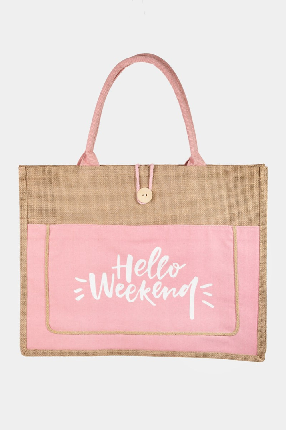 Fame Hello Weekend Burlap Tote Bag-HANDBAGS-[Adult]-[Female]-Pink-One Size-2022 Online Blue Zone Planet