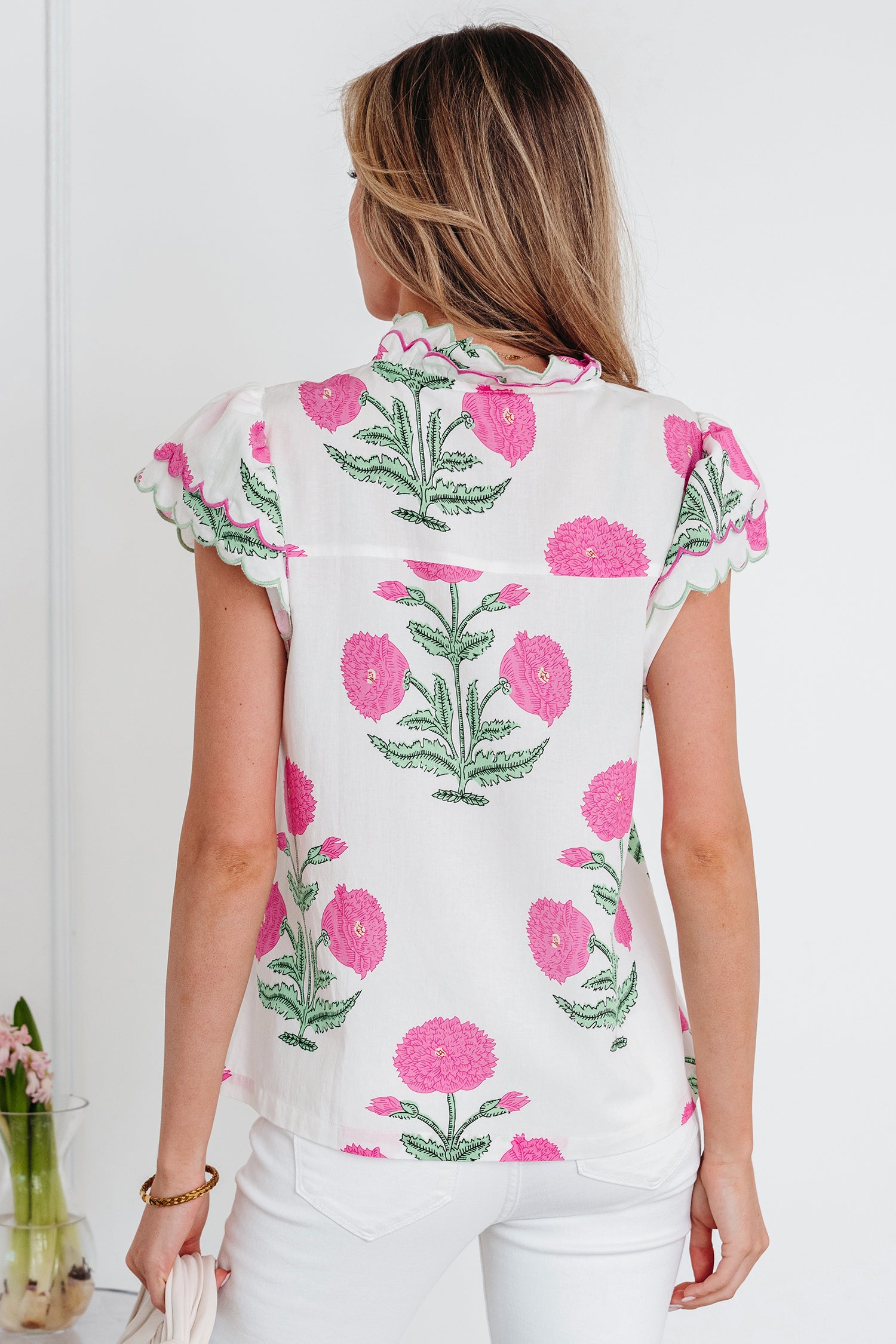 Pink Wild Flower Print Contrast Trim Scallop Detail Short Sleeve Blouse-Tops/Blouses & Shirts-[Adult]-[Female]-2022 Online Blue Zone Planet