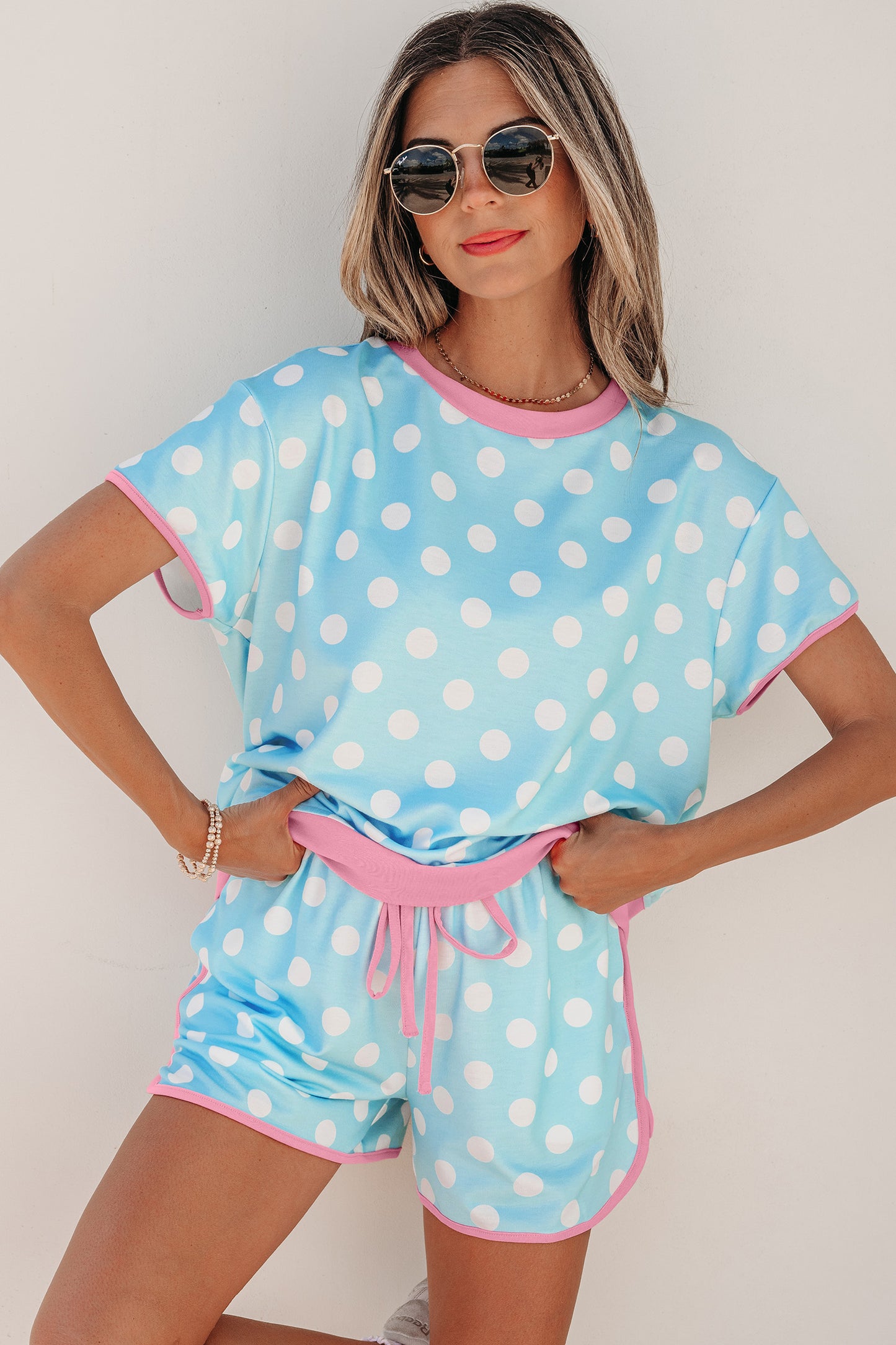 Pink Polka Dot Contrast Edge Casual Short Set-Two Piece Sets/Short Sets-[Adult]-[Female]-2022 Online Blue Zone Planet