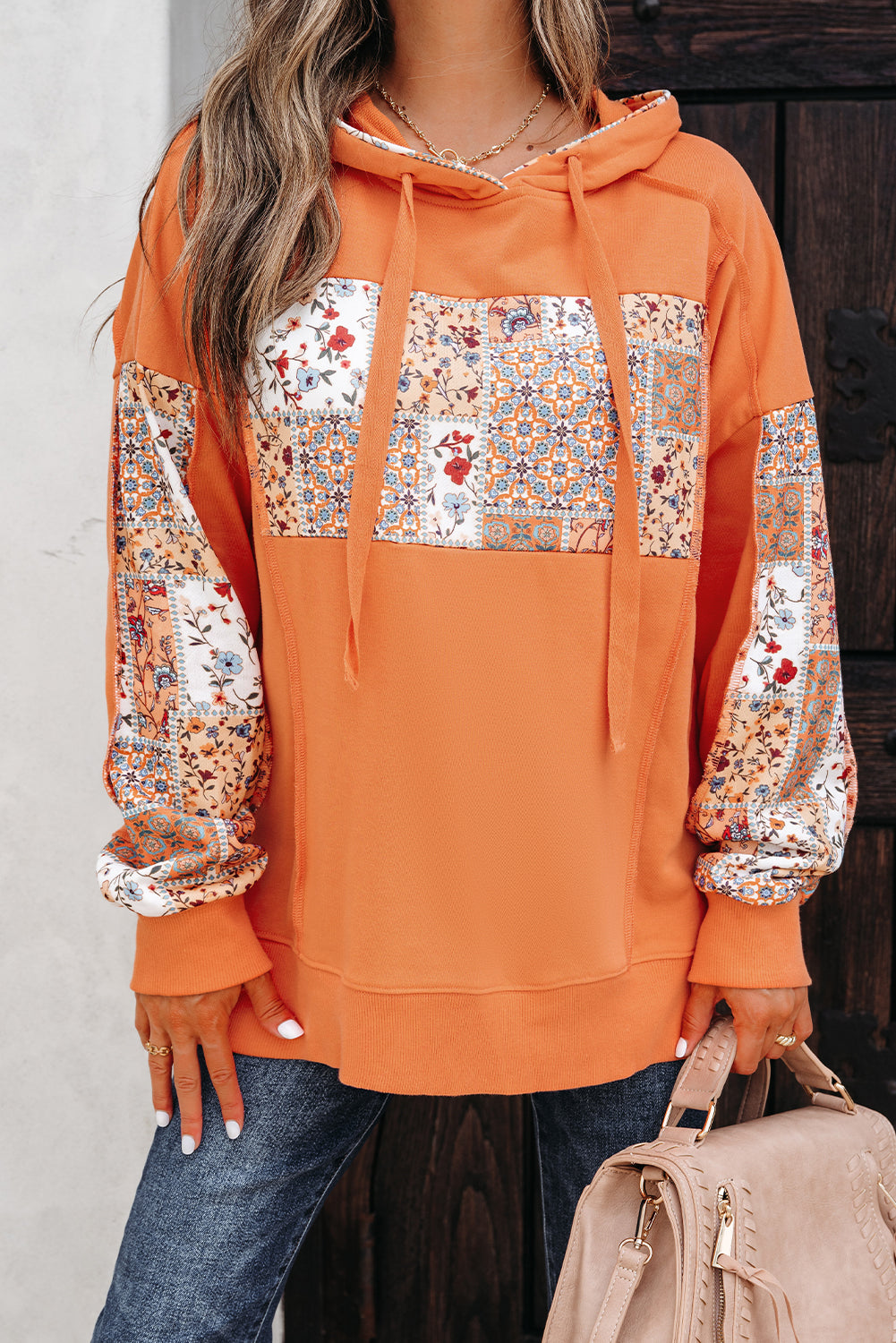Flamingo Mix Floral Patchwork Side Slit Drawstring Hoodie-Tops / Dresses-[Adult]-[Female]-2022 Online Blue Zone Planet
