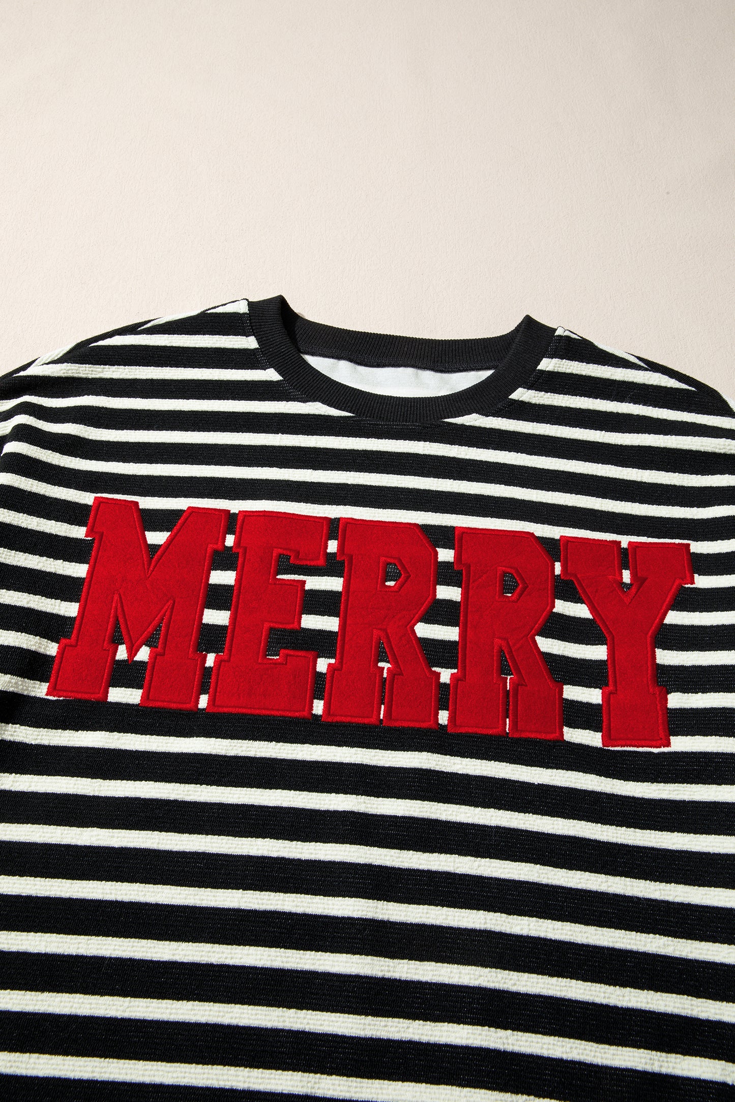 Black Stripe Contrast MERRY Letter Christmas Print Drop Shoulder Sweatshirt-Tops/Sweatshirts & Hoodies-[Adult]-[Female]-2022 Online Blue Zone Planet