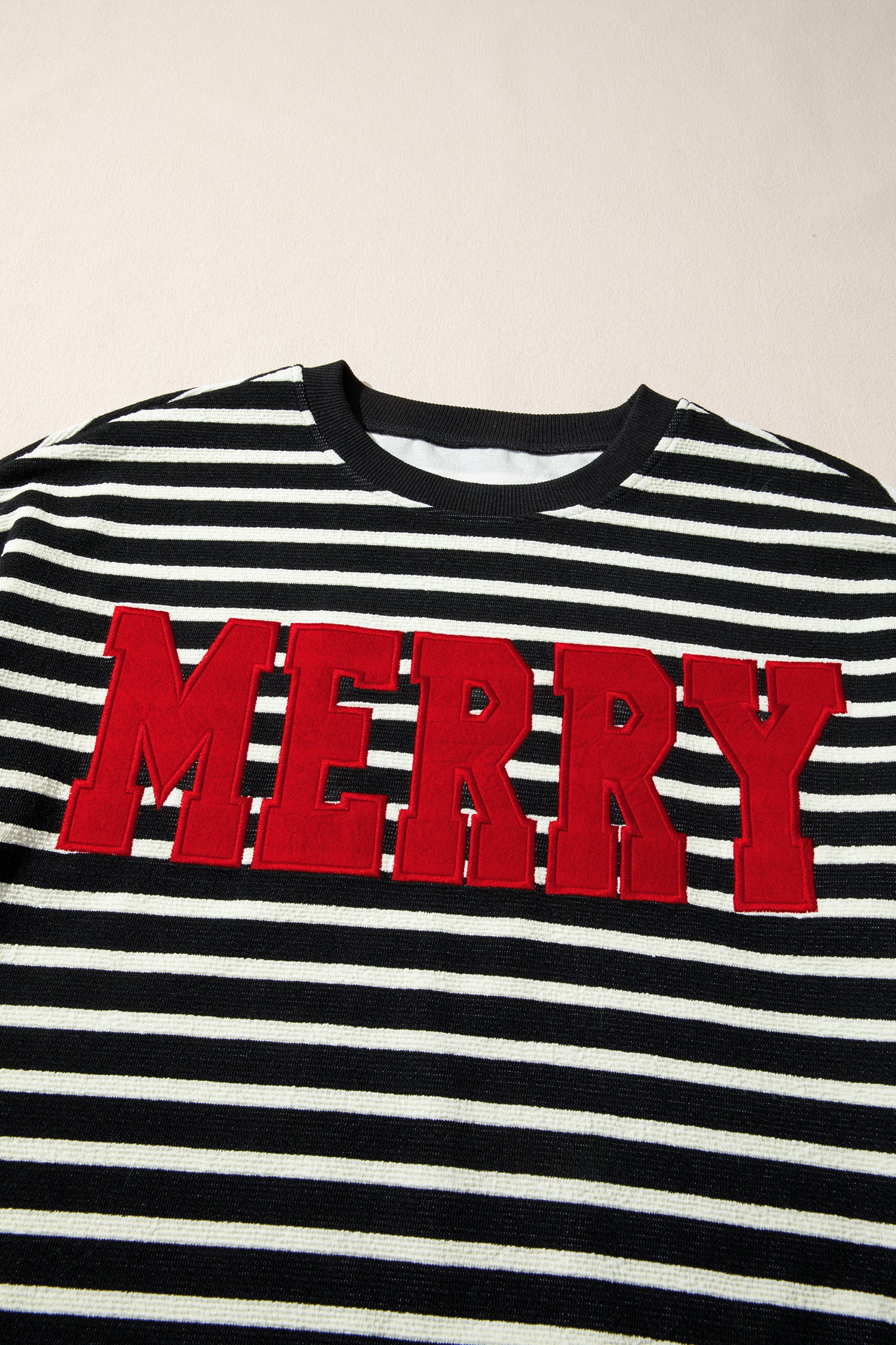 Black Stripe Contrast MERRY Letter Christmas Print Drop Shoulder Sweatshirt-Tops/Sweatshirts & Hoodies-[Adult]-[Female]-2022 Online Blue Zone Planet