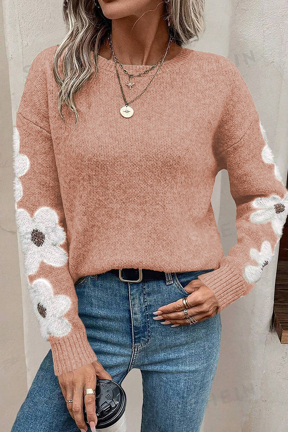 Flower Round Neck Long Sleeve Sweater-TOPS / DRESSES-[Adult]-[Female]-Dusty Pink-S-2022 Online Blue Zone Planet