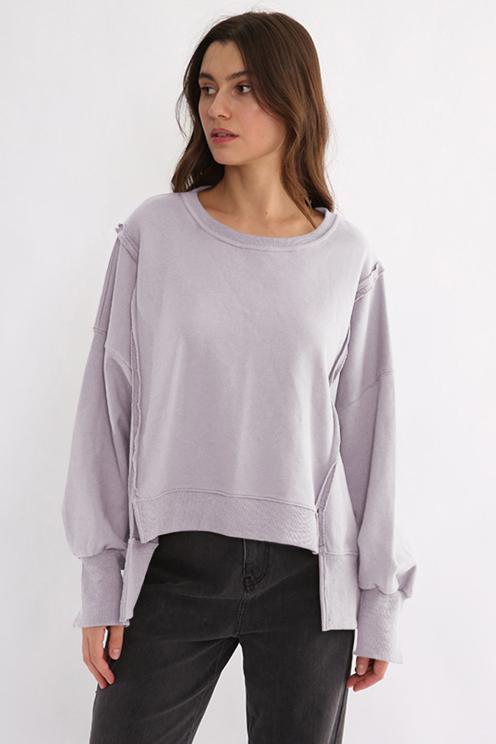 Exposed Seam High-Low Long Sleeve Sweatshirt-TOPS / DRESSES-[Adult]-[Female]-Pink Purple-One Size-2022 Online Blue Zone Planet