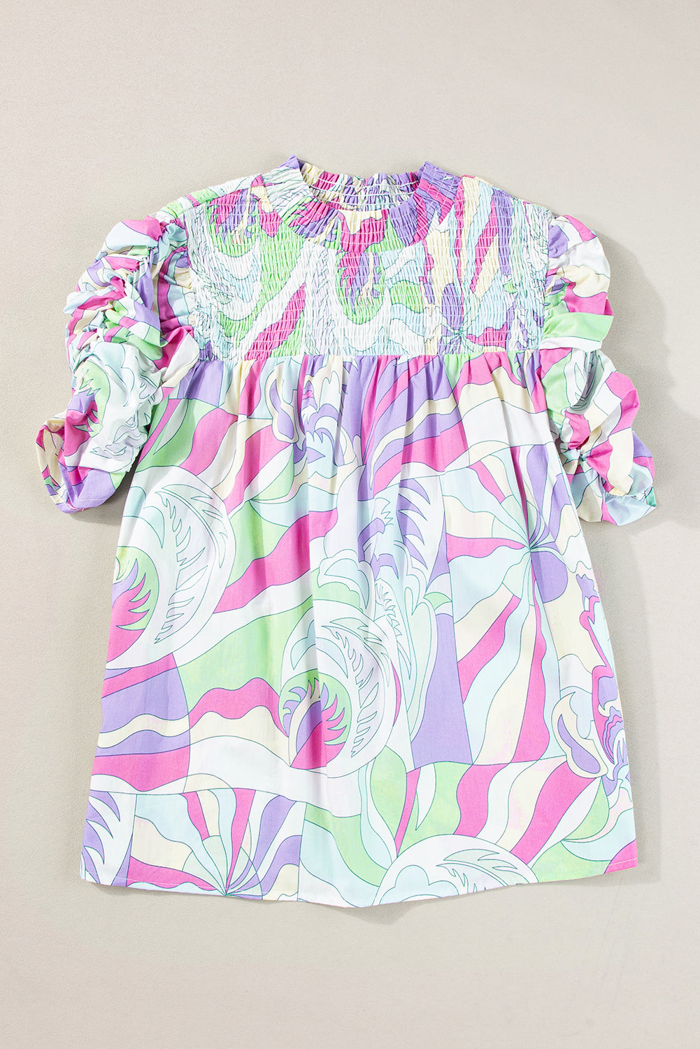 Green Abstract Print Bubble Sleeve Smock Detail Blouse-Tops/Blouses & Shirts-[Adult]-[Female]-2022 Online Blue Zone Planet