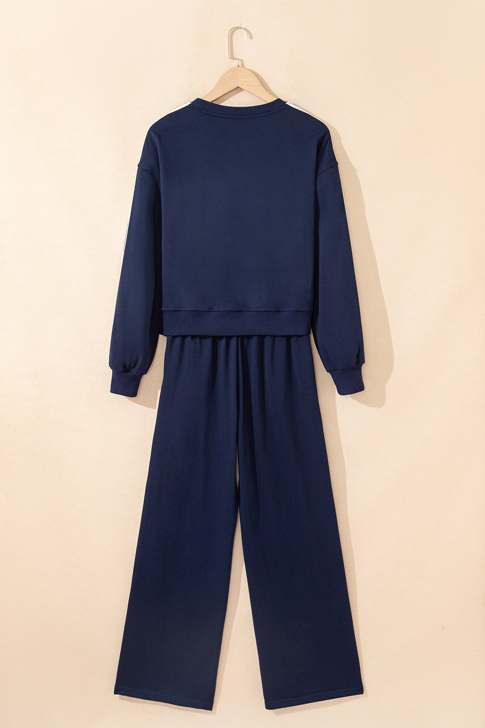 Dirty blue Varsity Striped Detail Crewneck Pullover Elastic Sweatpants 2pcs Outfit-Two Piece Sets/Pant Sets-[Adult]-[Female]-2022 Online Blue Zone Planet