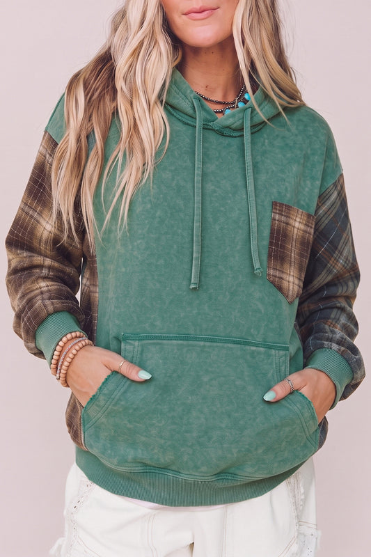 Smoke Green Plaid Colorblock Hoodie-Tops/Sweatshirts & Hoodies-[Adult]-[Female]-Smoke Green-S-2022 Online Blue Zone Planet