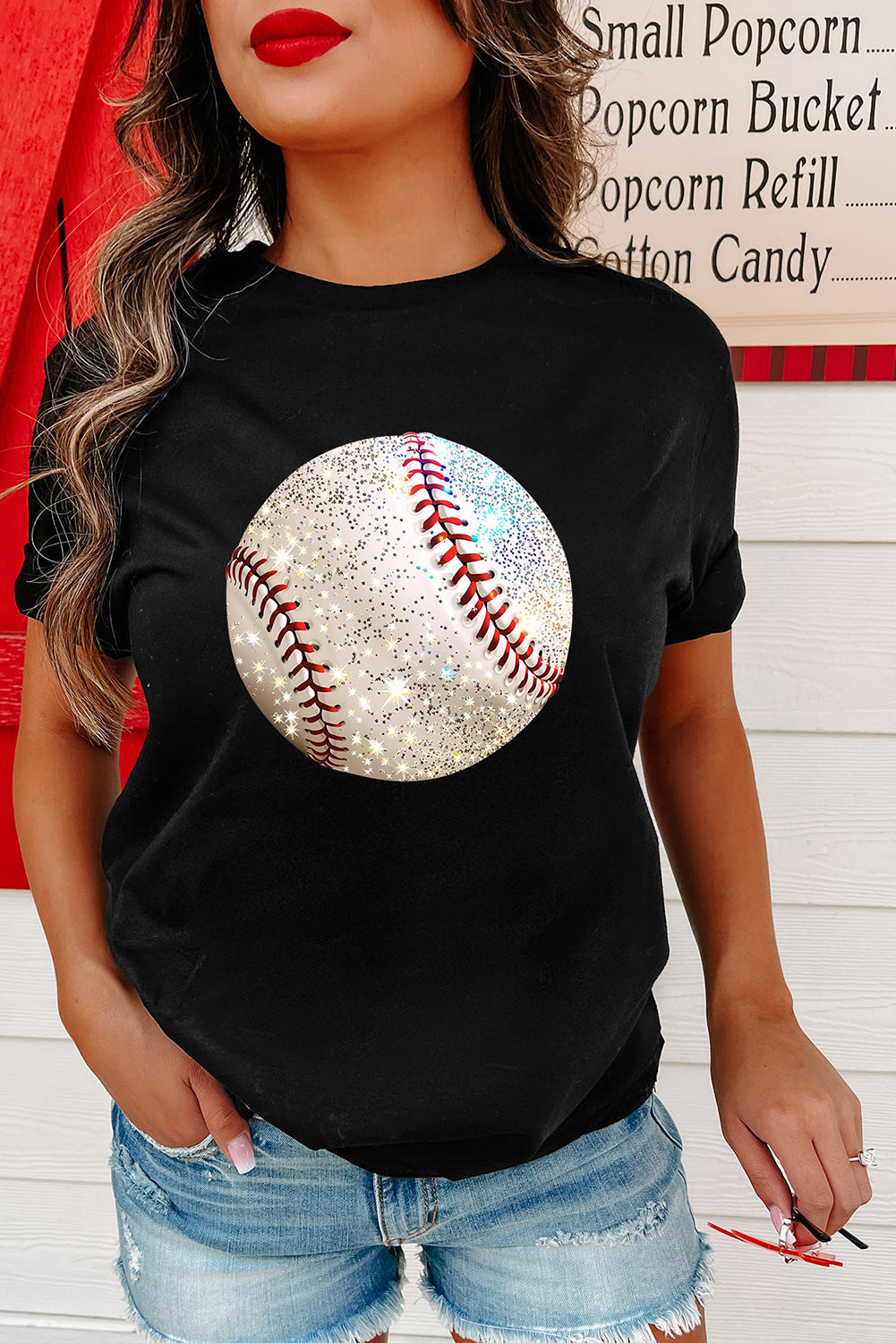 Black Heat Transfer Baseball Print Cotton Blend T Shirt-Graphic/Graphic Tees-[Adult]-[Female]-2022 Online Blue Zone Planet