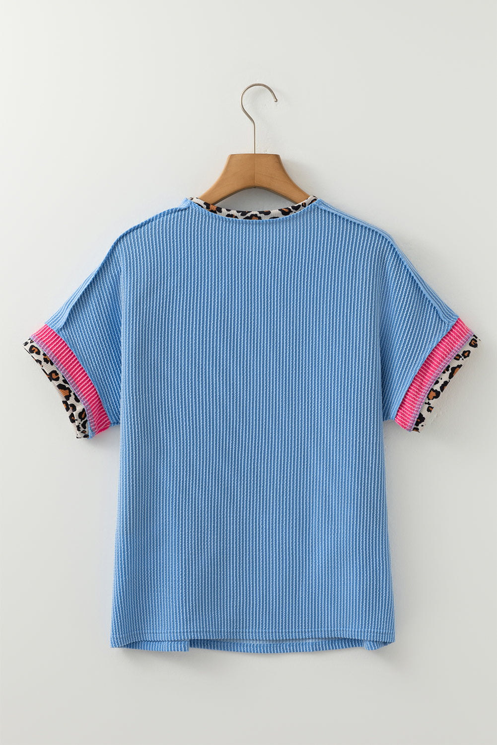 Sky Blue Leopard Patchwork Corded Knit Crew Neck T Shirt-Tops/Tops & Tees-[Adult]-[Female]-2022 Online Blue Zone Planet