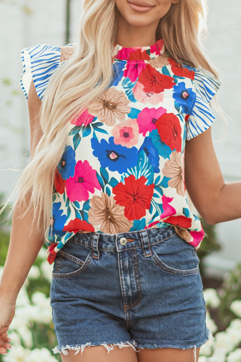 Sky Blue Floral Mock Neck Striped Flutter Sleeve Blouse-Tops/Blouses & Shirts-[Adult]-[Female]-2022 Online Blue Zone Planet