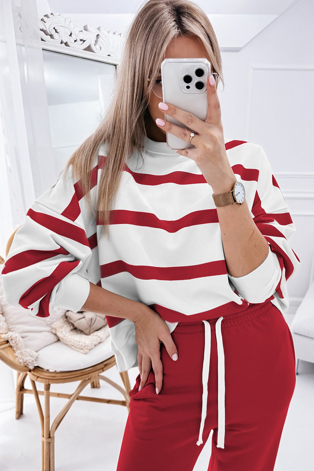 Blue Zone Planet | Striped Round Neck Long Sleeve Top and Pants Set-TOPS / DRESSES-[Adult]-[Female]-Scarlet-S-2022 Online Blue Zone Planet