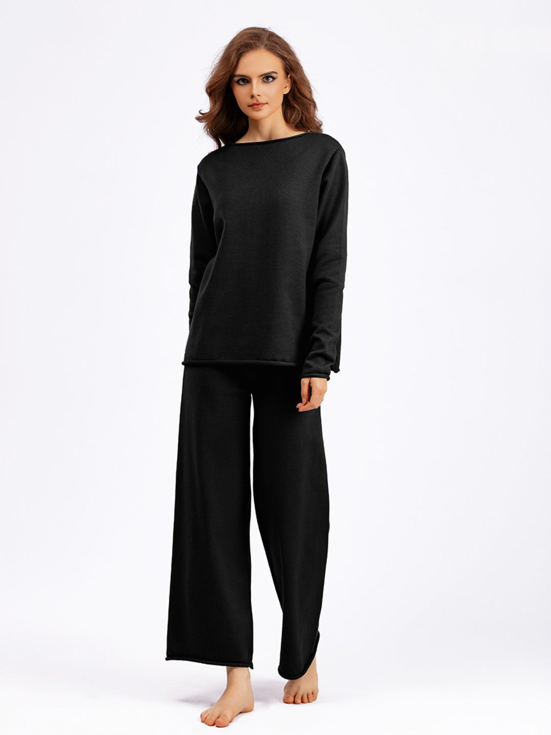 Blue Zone Planet | Basic Bae Rolled Round Neck Top and Pants Sweater Set-TOPS / DRESSES-[Adult]-[Female]-Black-One Size-2022 Online Blue Zone Planet