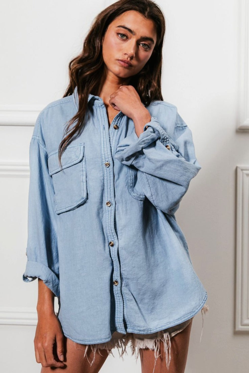 BiBi Button Down Stitch Detail Shirt with Chest Pockets-TOPS / DRESSES-[Adult]-[Female]-2022 Online Blue Zone Planet