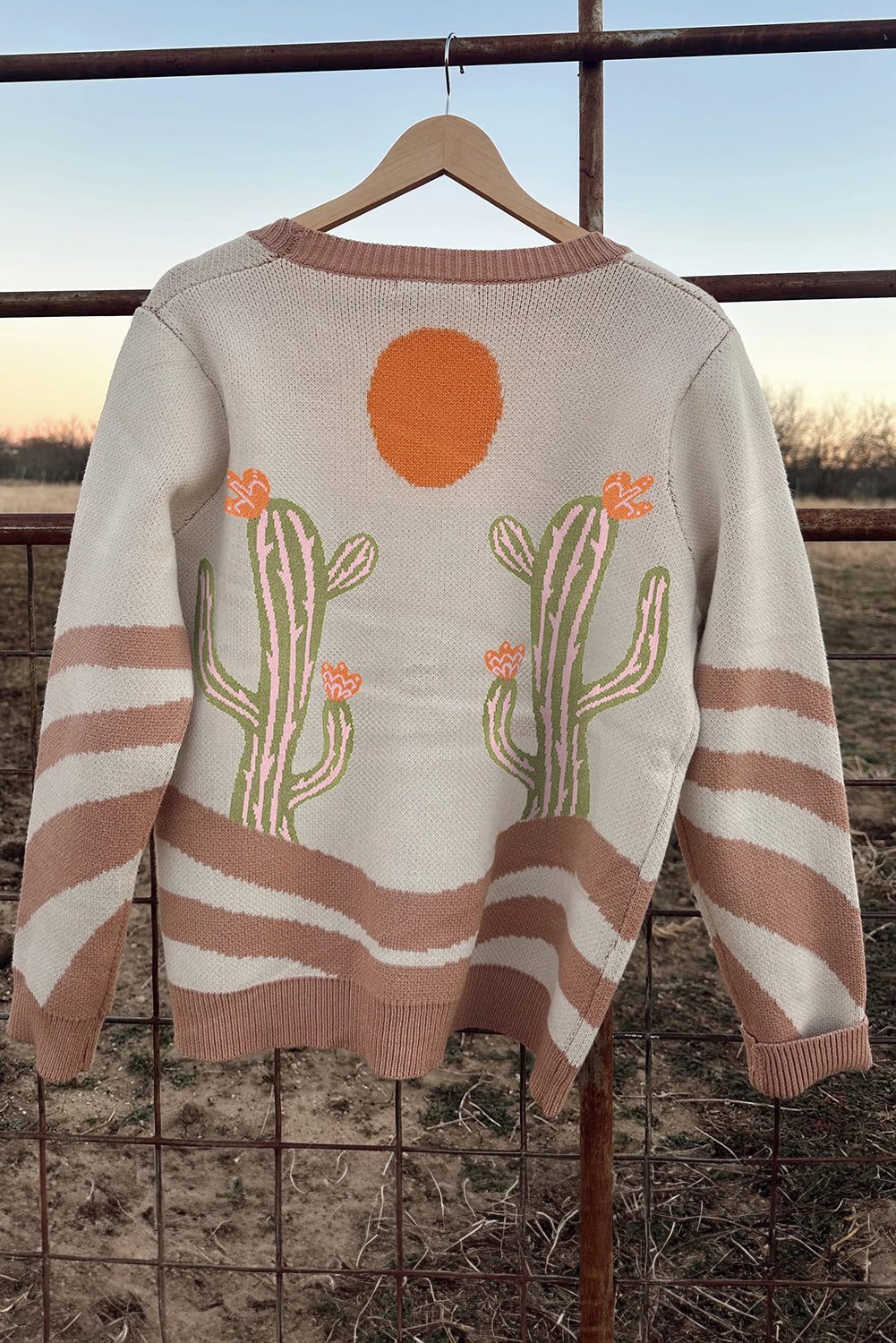 Apricot Western Desert Cactus Print Plus Size Button Cardigan Sweater-Plus Size/Plus Size Sweaters & Cardigans-[Adult]-[Female]-2022 Online Blue Zone Planet