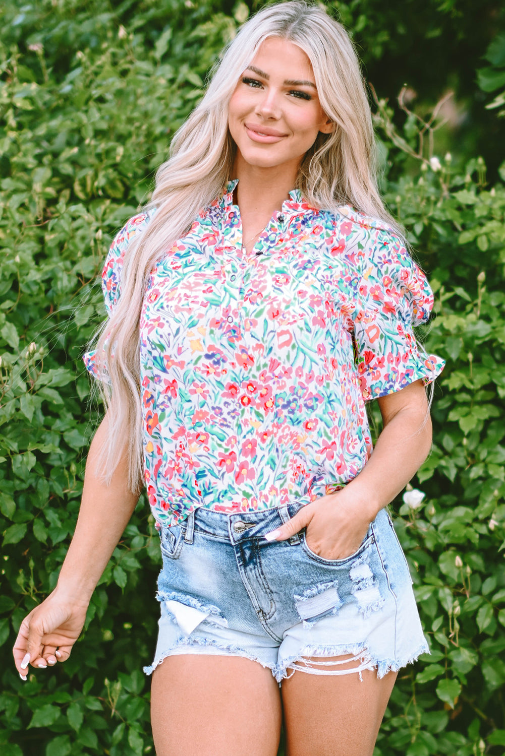 Pink Floral Print Button Split Neck Puff Sleeve Blouse-Tops/Blouses & Shirts-[Adult]-[Female]-2022 Online Blue Zone Planet