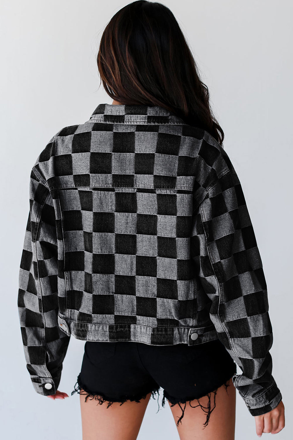 Checkered Button Up Denim Jacket-TOPS / DRESSES-[Adult]-[Female]-2022 Online Blue Zone Planet