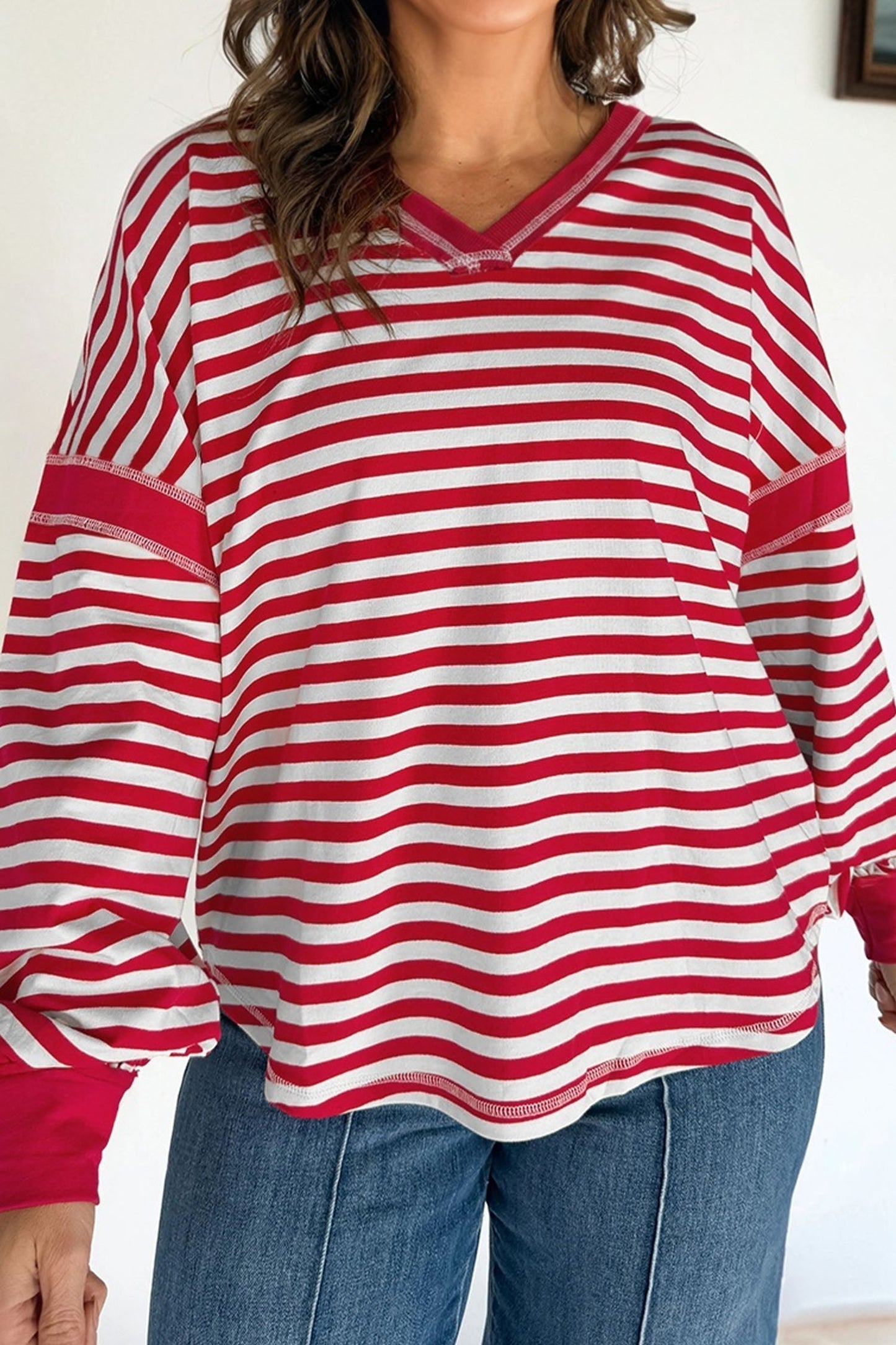 Red Stripe Exposed Seam V Neck Balloon Sleeve Pullover-Tops/Long Sleeve Tops-[Adult]-[Female]-2022 Online Blue Zone Planet