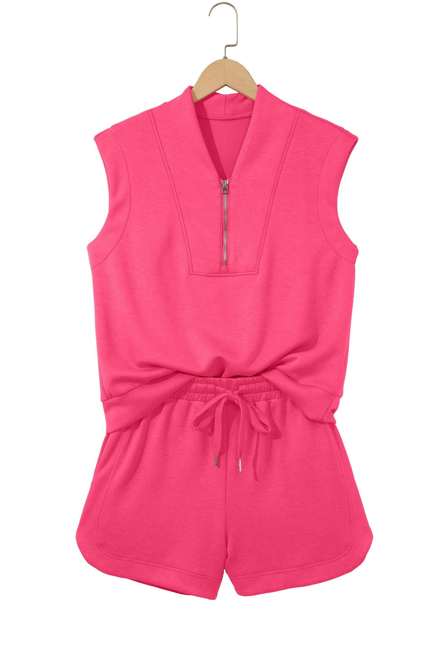 Fiery Red Quarter Zip Sleeveless Top Drawstring Shorts Casual 2pcs Outfit-Two Piece Sets/Short Sets-[Adult]-[Female]-2022 Online Blue Zone Planet