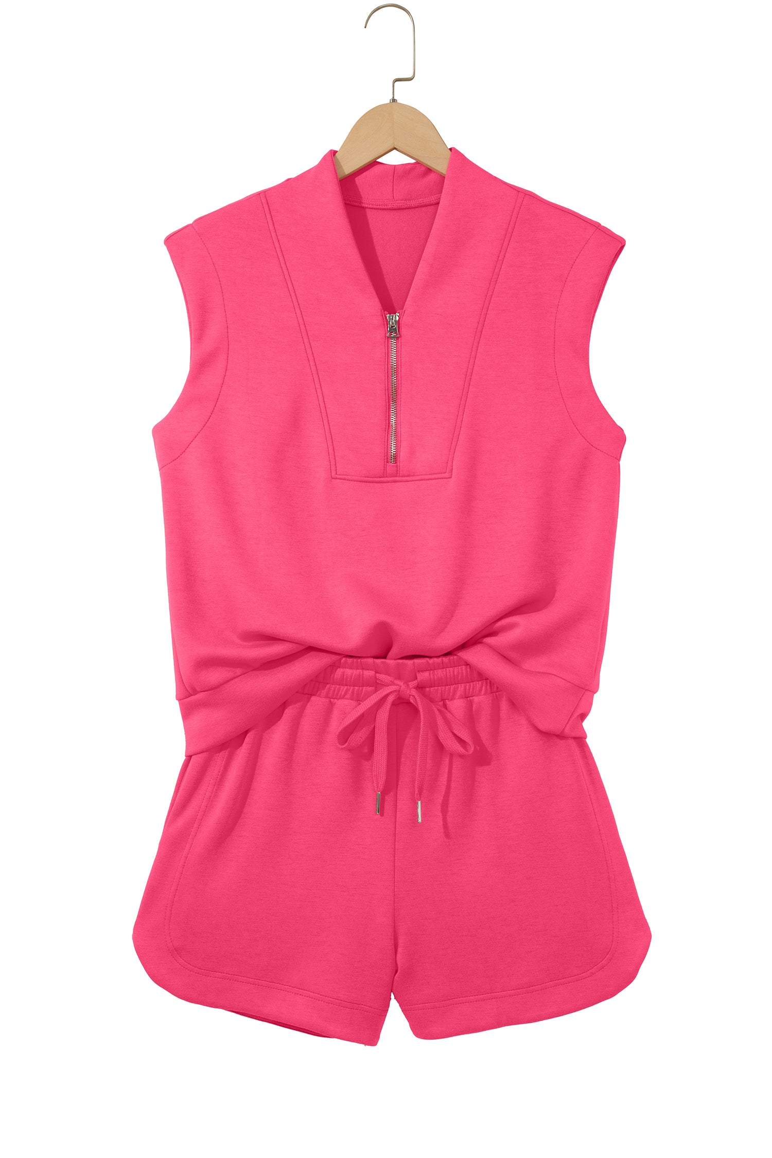 Fiery Red Quarter Zip Sleeveless Top Drawstring Shorts Casual 2pcs Outfit-Two Piece Sets/Short Sets-[Adult]-[Female]-2022 Online Blue Zone Planet