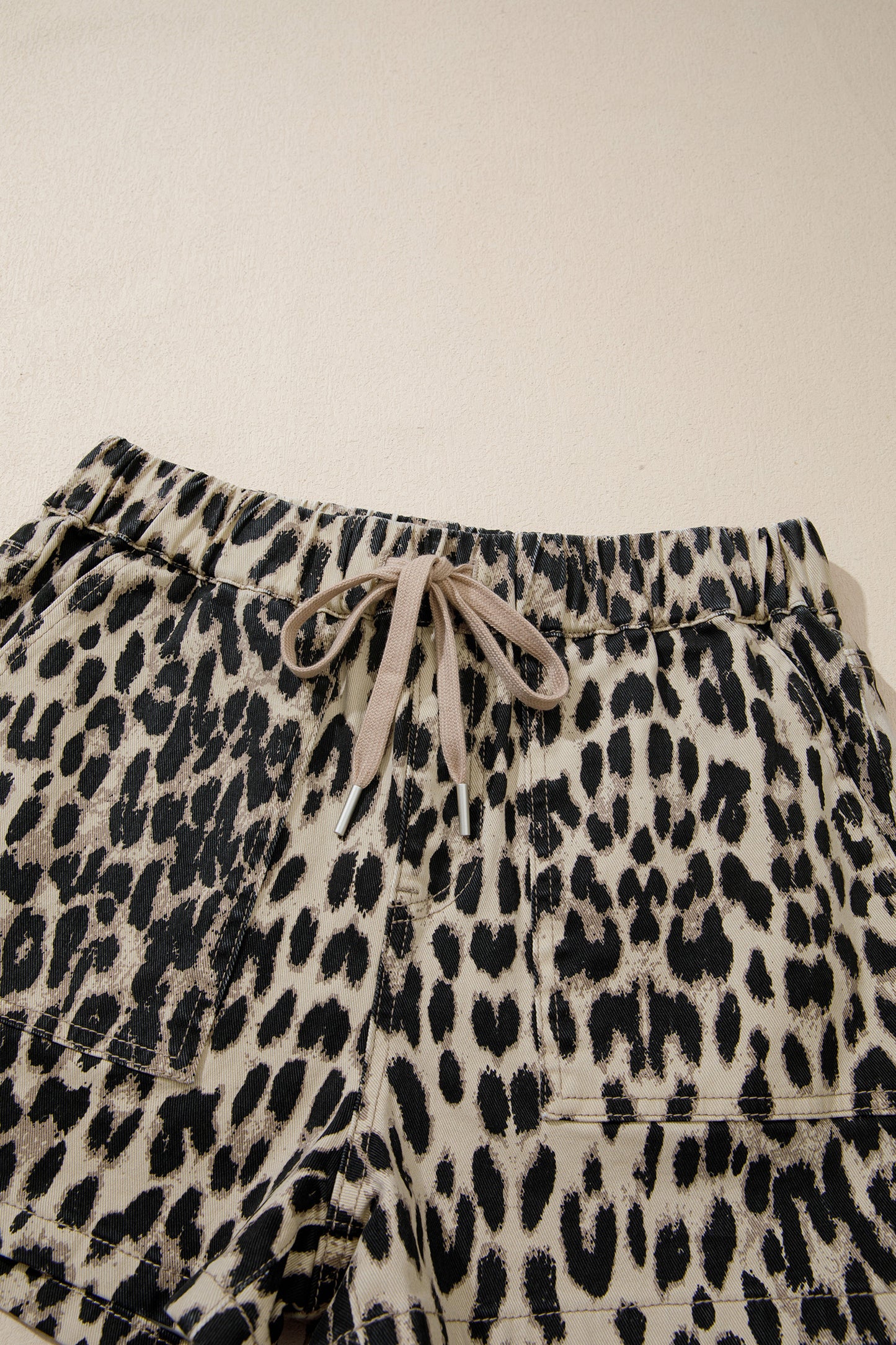 Brown Retro Leopard Print Lace-up Elastic Waistband Mid Rise Denim Shorts-Bottoms/Denim Shorts-[Adult]-[Female]-2022 Online Blue Zone Planet