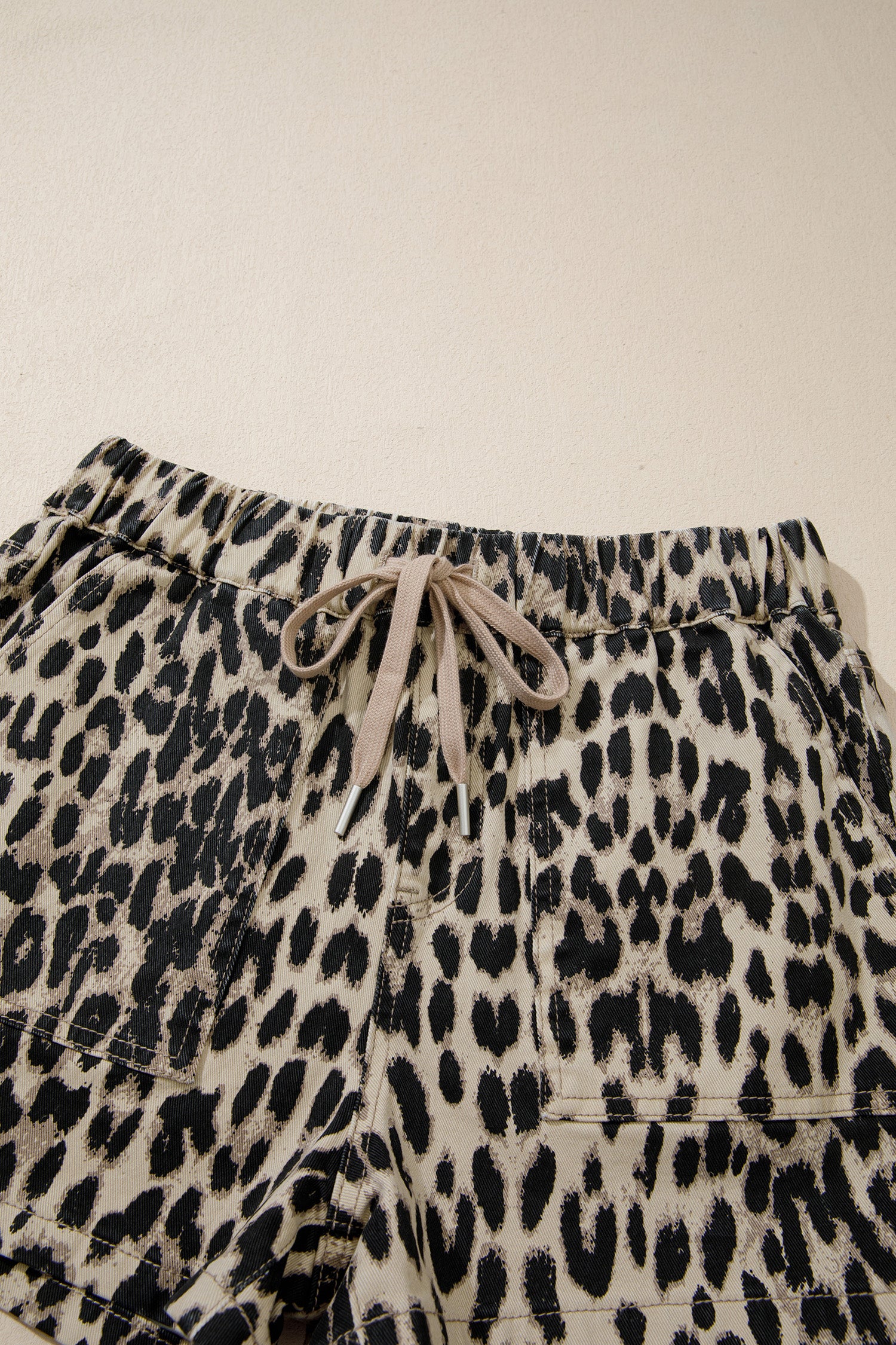 Brown Retro Leopard Print Lace-up Elastic Waistband Mid Rise Denim Shorts-Bottoms/Denim Shorts-[Adult]-[Female]-2022 Online Blue Zone Planet