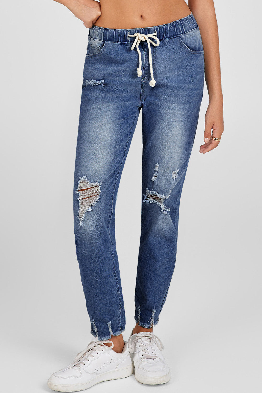 Dark Blue Elastic Waist Straight Leg Destroyed Raw Hem Jeans-Bottoms/Jeans-[Adult]-[Female]-2022 Online Blue Zone Planet