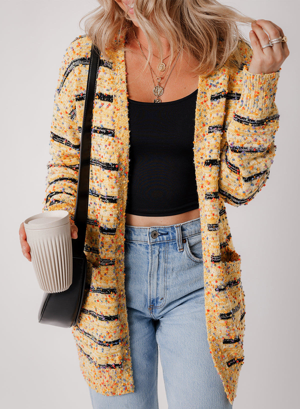 Beige Striped Pom Pom Knit Open Front Long Cardigan-Sweaters & Cardigans/Cardigans-[Adult]-[Female]-Beige-S-2022 Online Blue Zone Planet