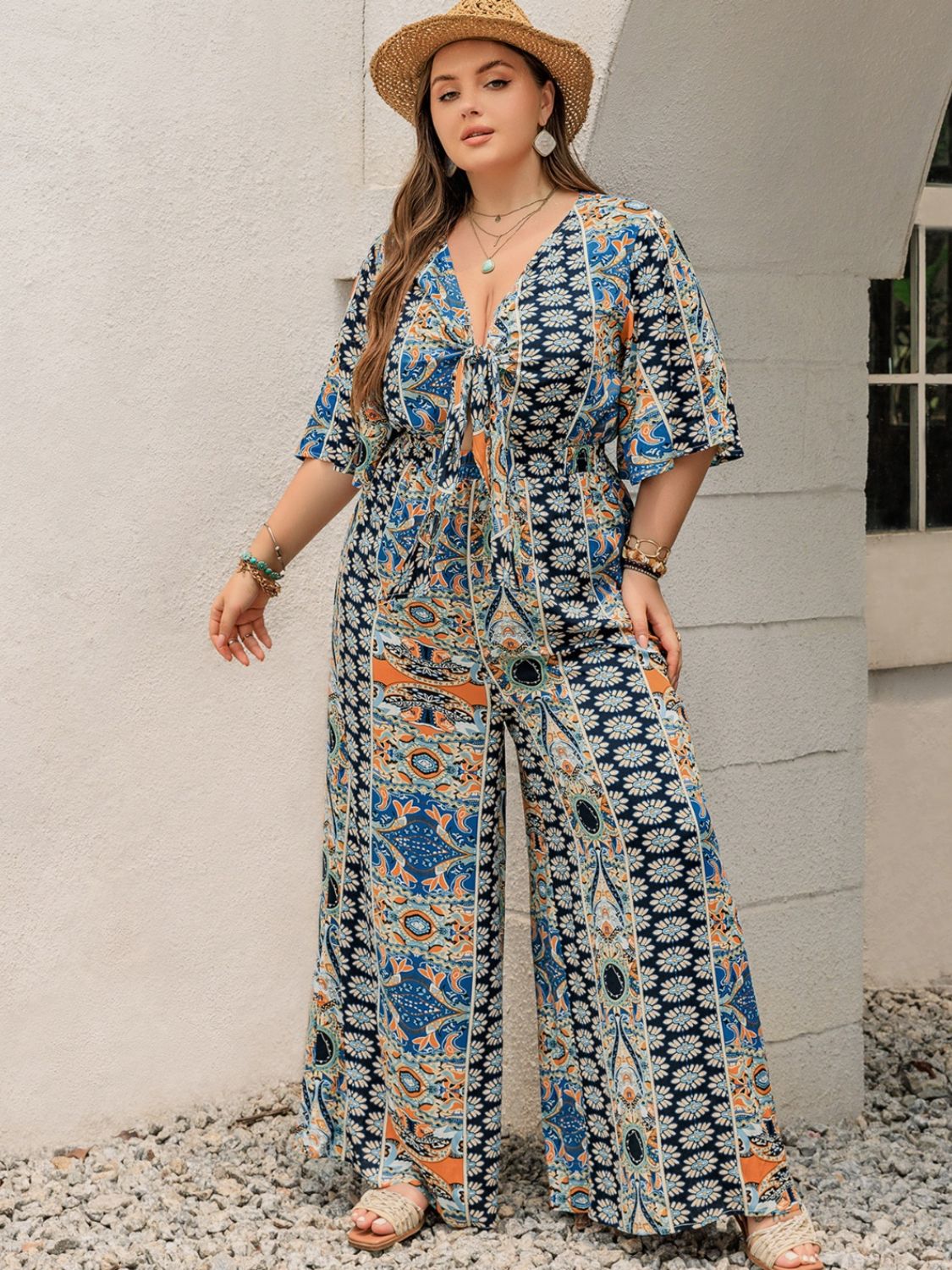 Blue Zone Planet | Plus Size Printed Half Sleeve Wide Leg Jumpsuit-TOPS / DRESSES-[Adult]-[Female]-2022 Online Blue Zone Planet