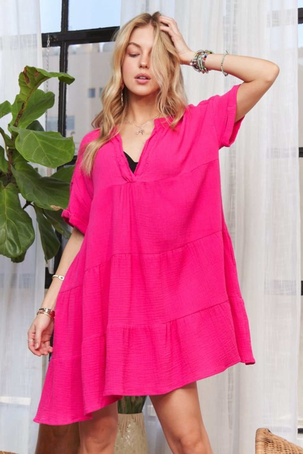ADORA Tiered Notched Short Sleeve Dress-TOPS / DRESSES-[Adult]-[Female]-2022 Online Blue Zone Planet