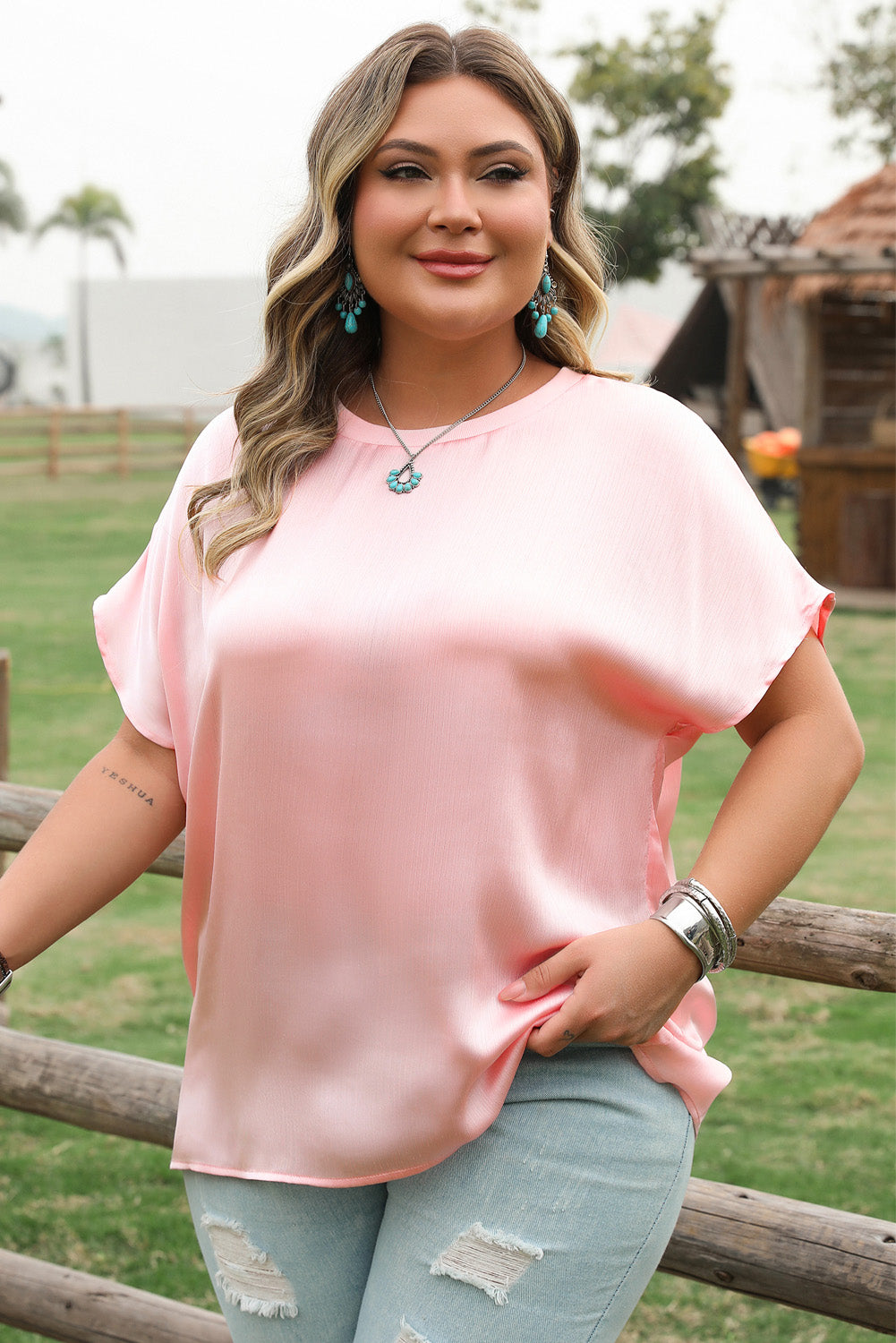 Pink Metallic Gloss Short Batwing Sleeve Plus Size Top-Plus Size/Plus Size Tops/Plus Size Tops & Tees-[Adult]-[Female]-2022 Online Blue Zone Planet