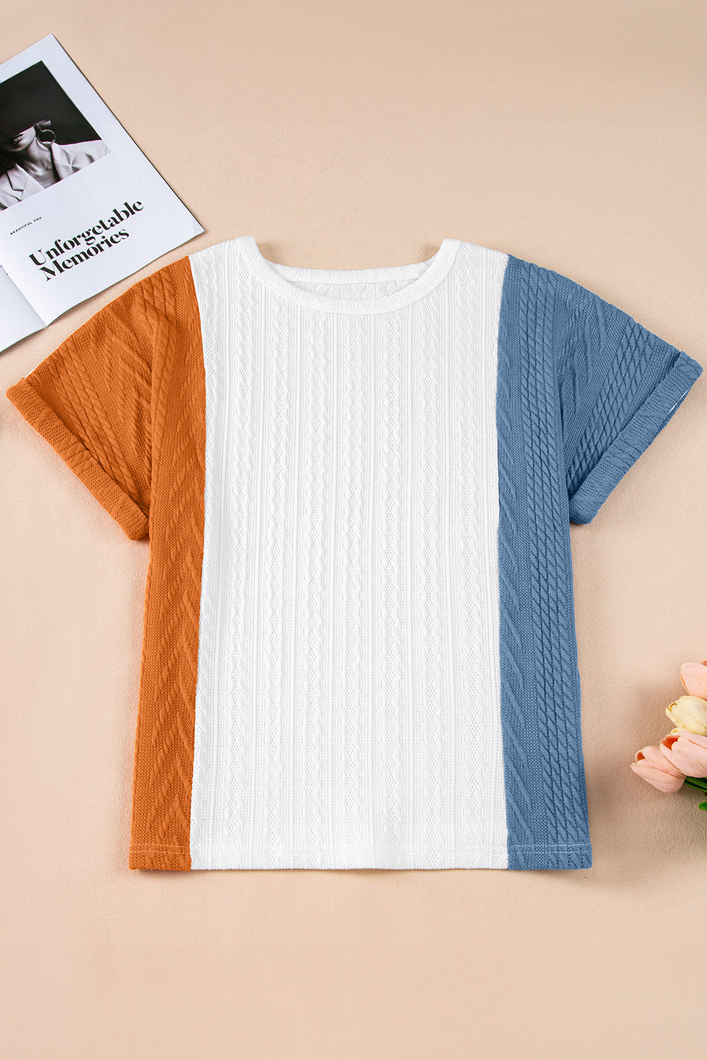 Light Blue Textured Color Block Loose Fit T Shirt-Tops/Tops & Tees-[Adult]-[Female]-2022 Online Blue Zone Planet