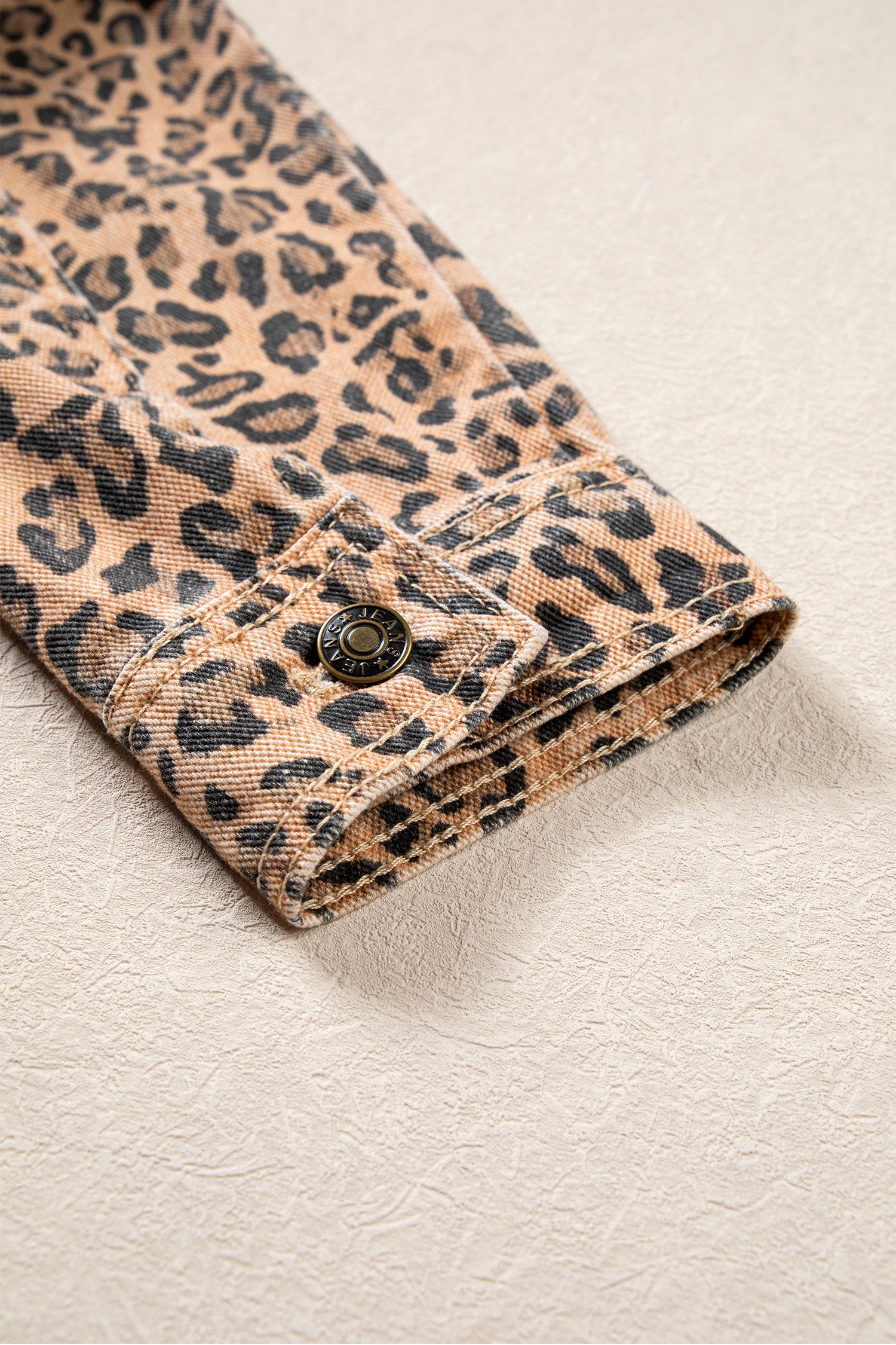Khaki Leopard Print Collar Long Sleeve Patch Pocket Shift Denim Jacket-Outerwear/Denim jackets-[Adult]-[Female]-2022 Online Blue Zone Planet