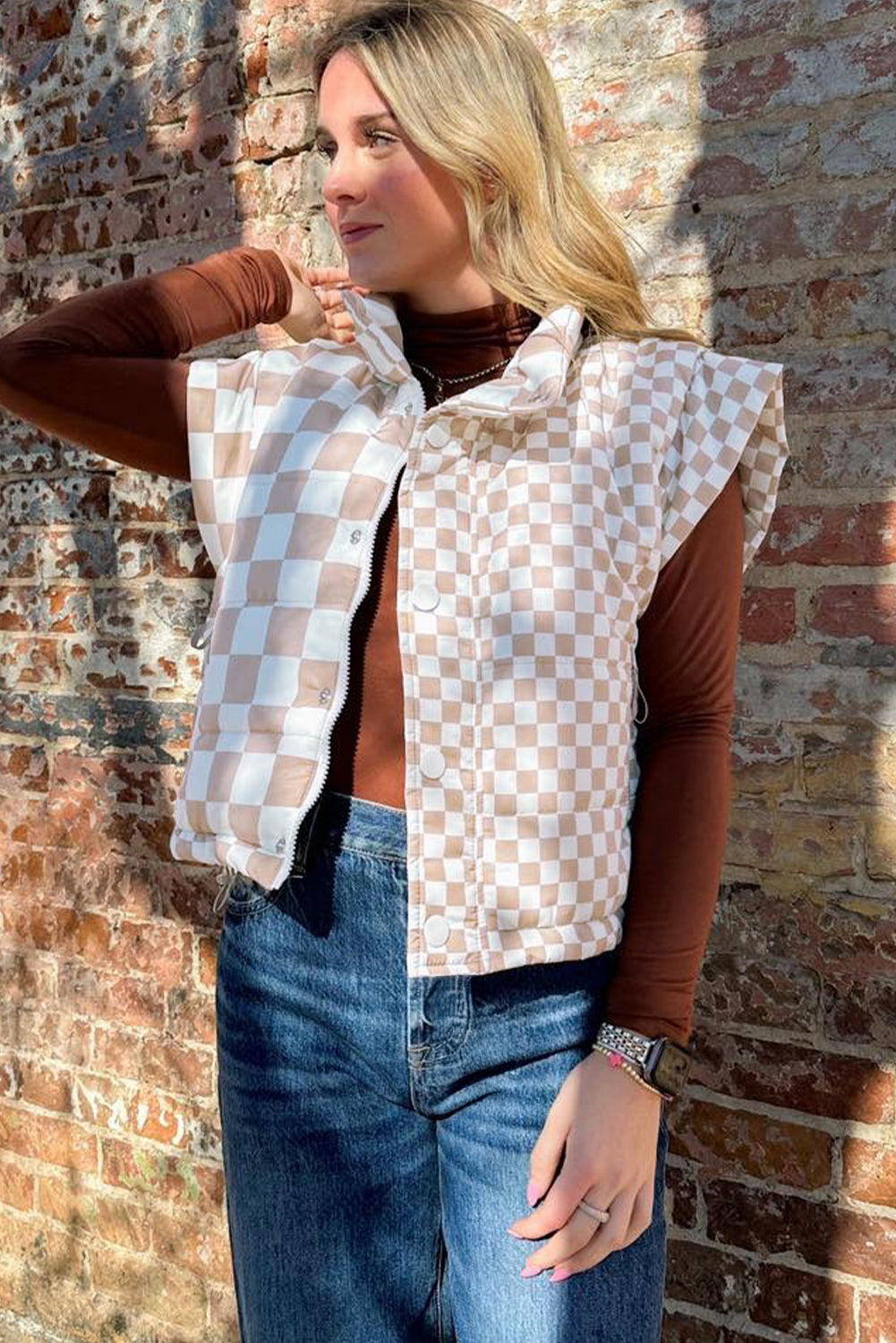 Khaki Contrast Plaid Quilted Button Zip Up Vest-TOPS / DRESSES-[Adult]-[Female]-2022 Online Blue Zone Planet