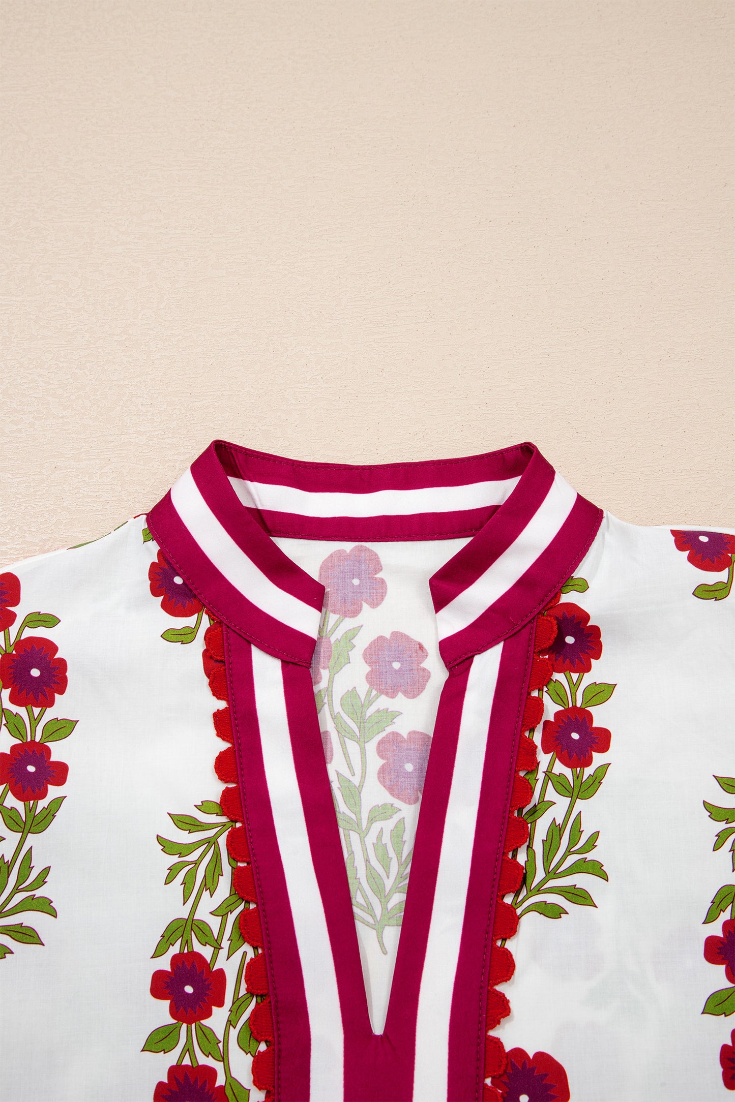 White Floral Short Bubble Sleeve Contrast Slit Neckline Blouse-Tops/Blouses & Shirts-[Adult]-[Female]-2022 Online Blue Zone Planet
