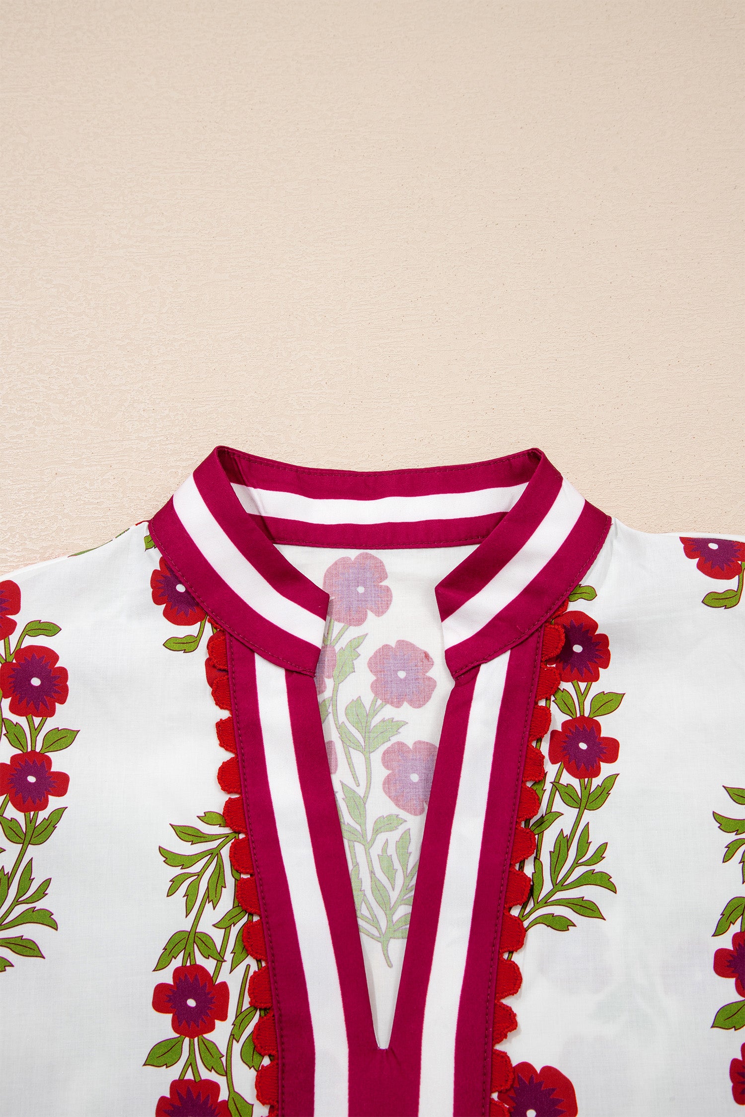 White Floral Short Bubble Sleeve Contrast Slit Neckline Blouse-Tops/Blouses & Shirts-[Adult]-[Female]-2022 Online Blue Zone Planet