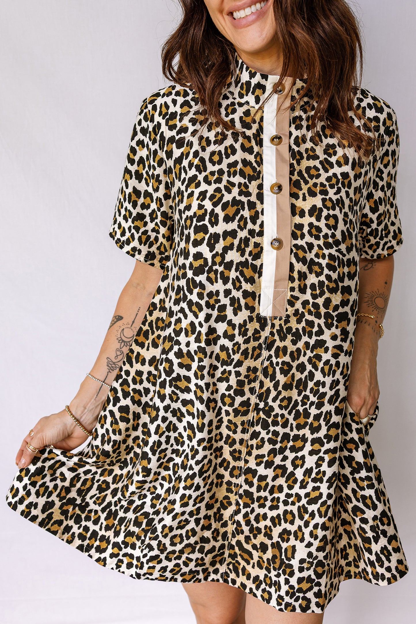 Multicolour Half Buttons Short Sleeve Loose Leopard Mini Dress with Pockets-TOPS / DRESSES-[Adult]-[Female]-2022 Online Blue Zone Planet