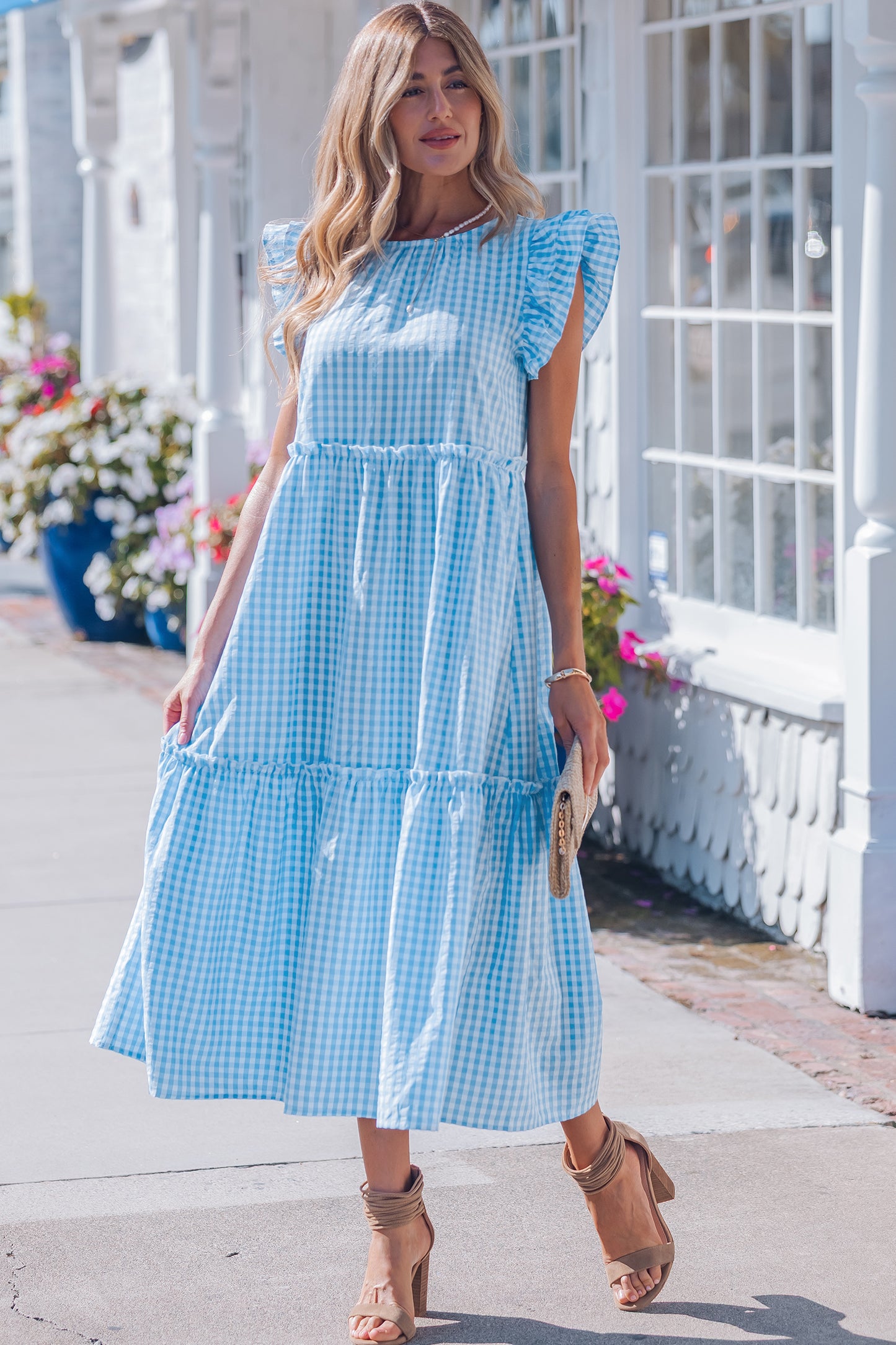 Sky Blue Knot Back Ruffled Short Sleeve Gingham Maxi Dress-TOPS / DRESSES-[Adult]-[Female]-2022 Online Blue Zone Planet