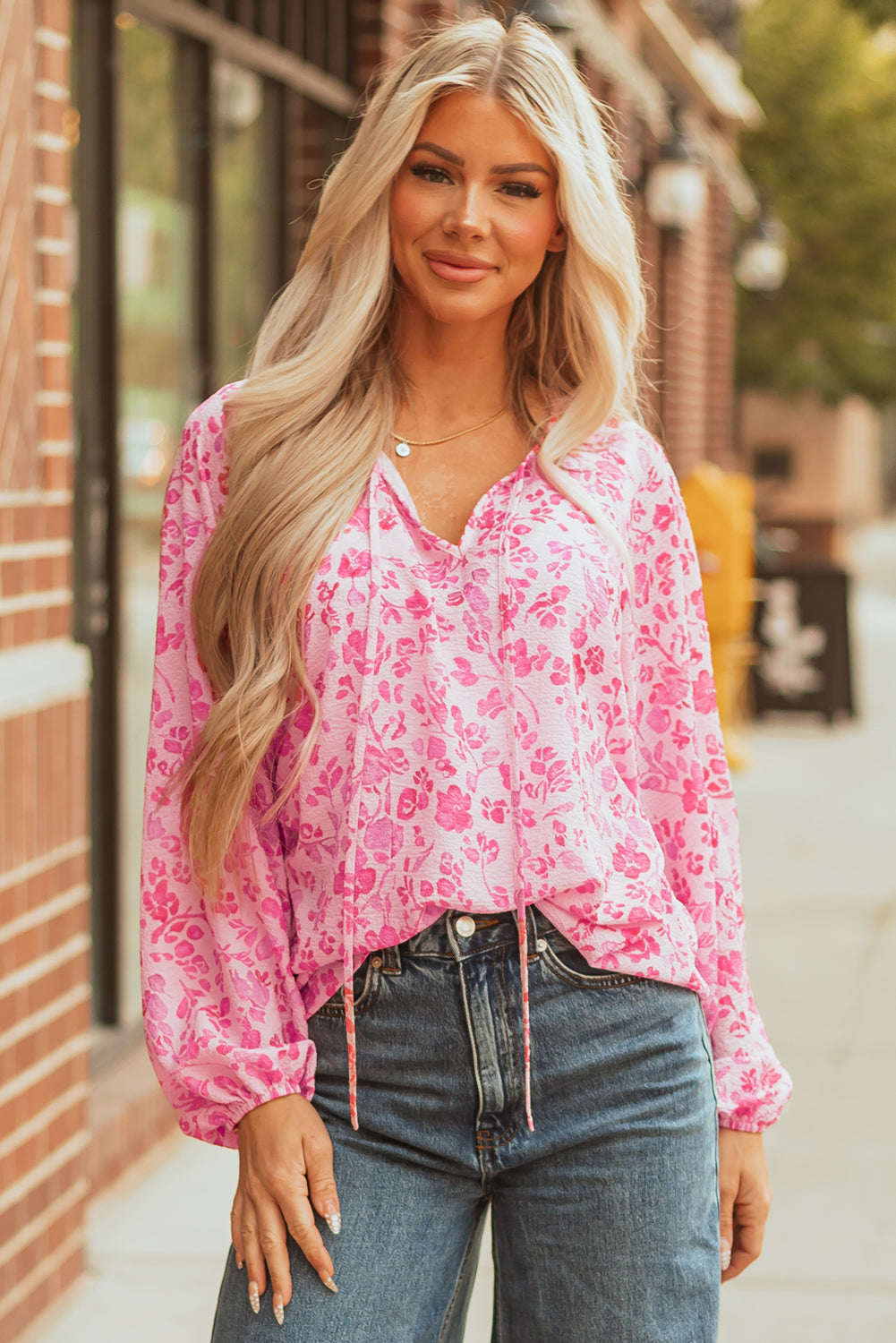 Pink Floral Puff Sleeve Split Neck Lightweight Blouse-Tops/Blouses & Shirts-[Adult]-[Female]-2022 Online Blue Zone Planet