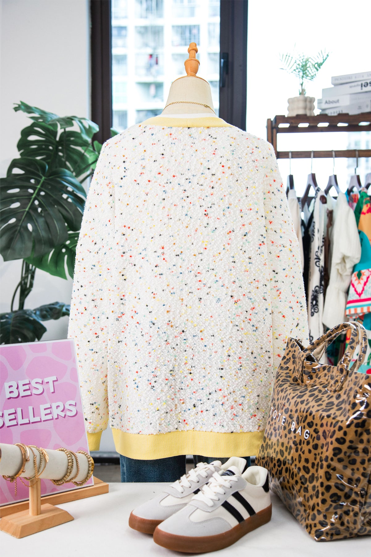 White Abstract Confetti Pattern Color Block Ribbed Cuffs Casual Cardigan-Sweaters & Cardigans/Cardigans-[Adult]-[Female]-2022 Online Blue Zone Planet